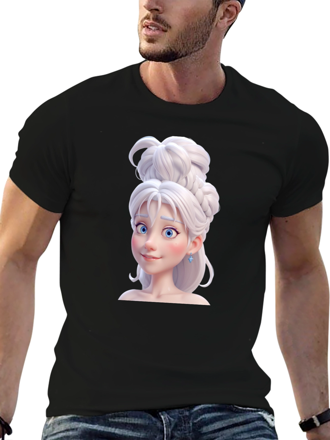 Black Cartoon Princess Graphic Tee - Black Cotton T-Shirt view 6