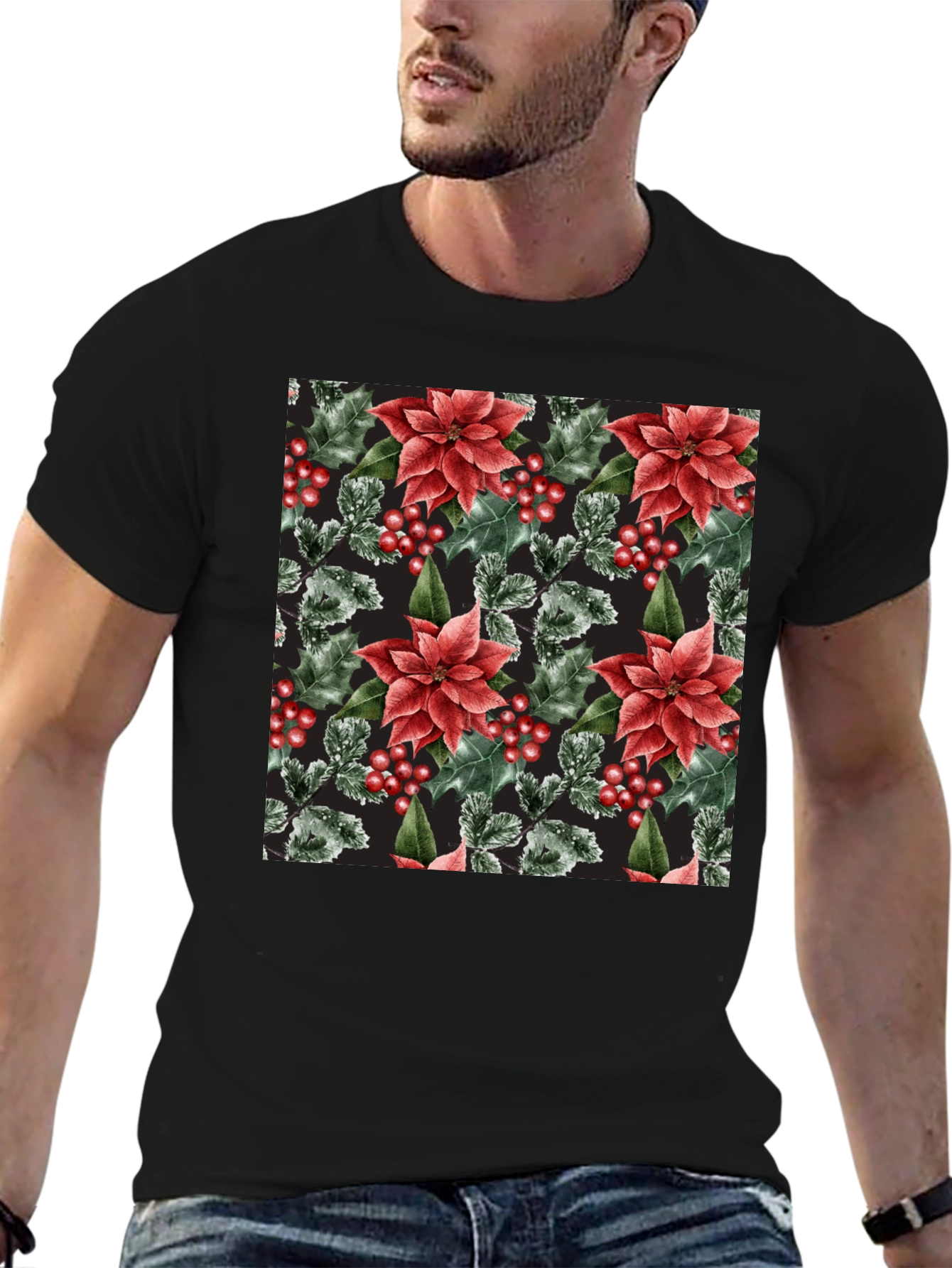 Black Festive Floral Holiday T-Shirt view 6