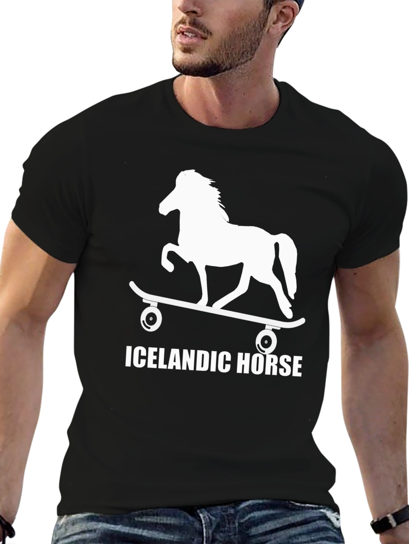 Black Icelandic Horse Skateboard T-Shirt - Unique Design view 6