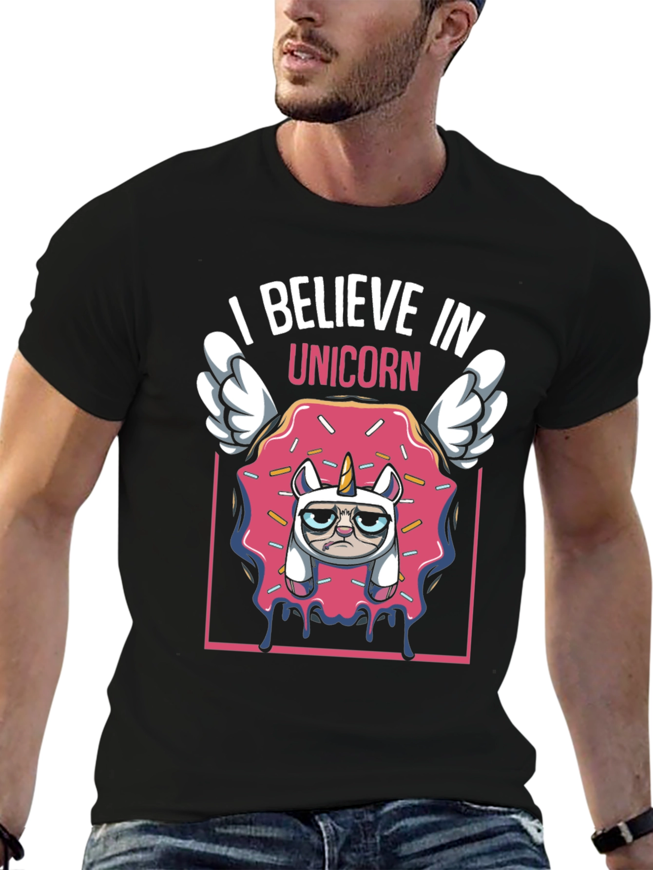 Black I Believe In Unicorn Funny Graphic T-Shirt view 6