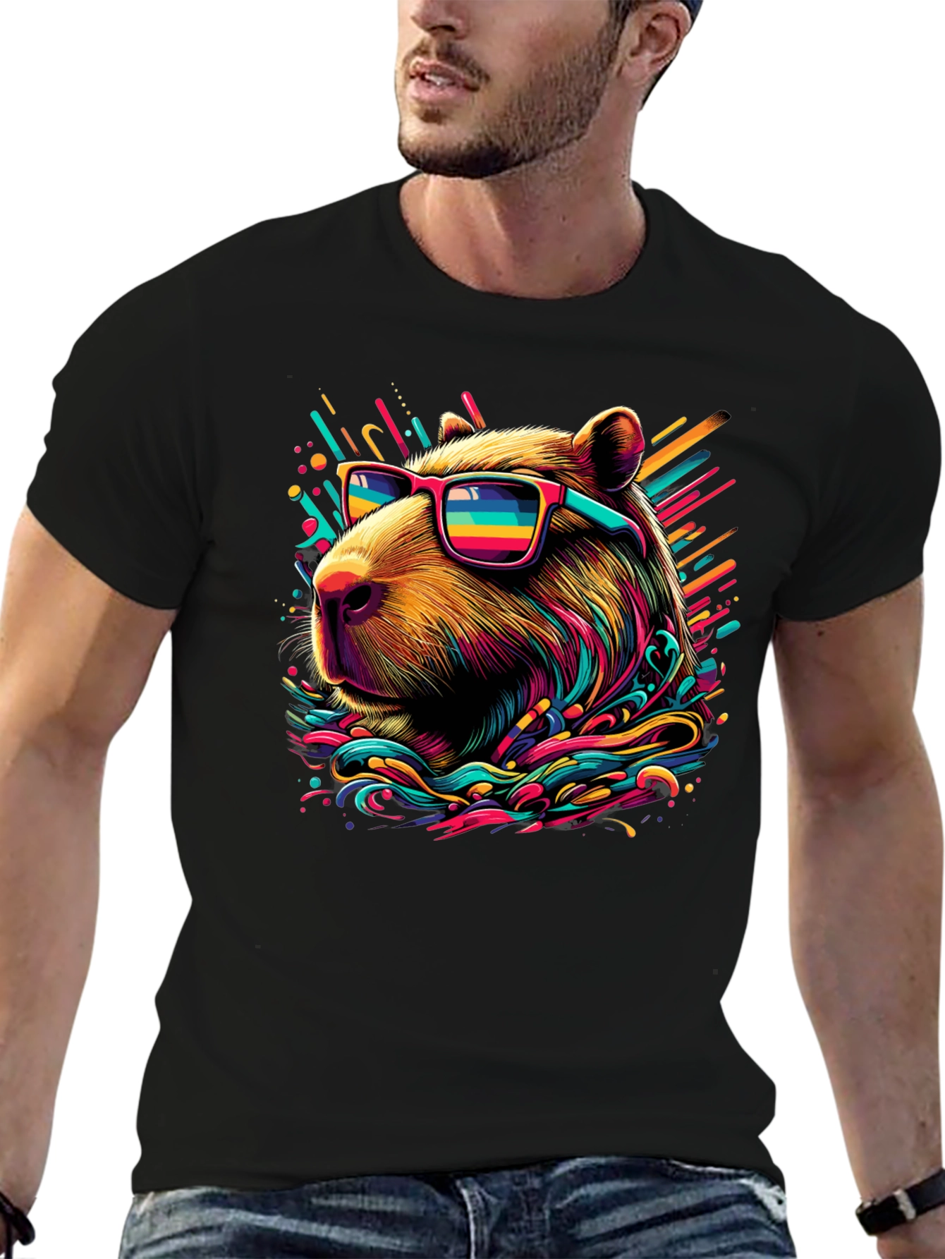 Black Cool Capybara Graphic Tee - Funky Animal Shirt view 6