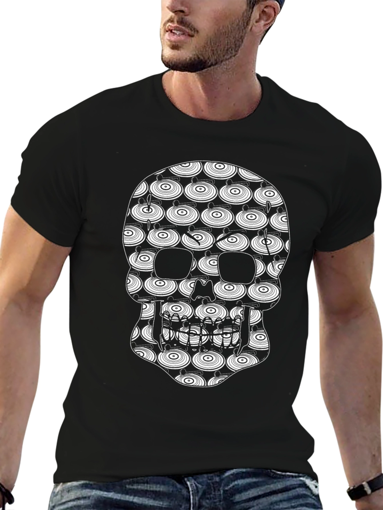 Black Skull Vinyl Record Pattern Black T-Shirt view 6