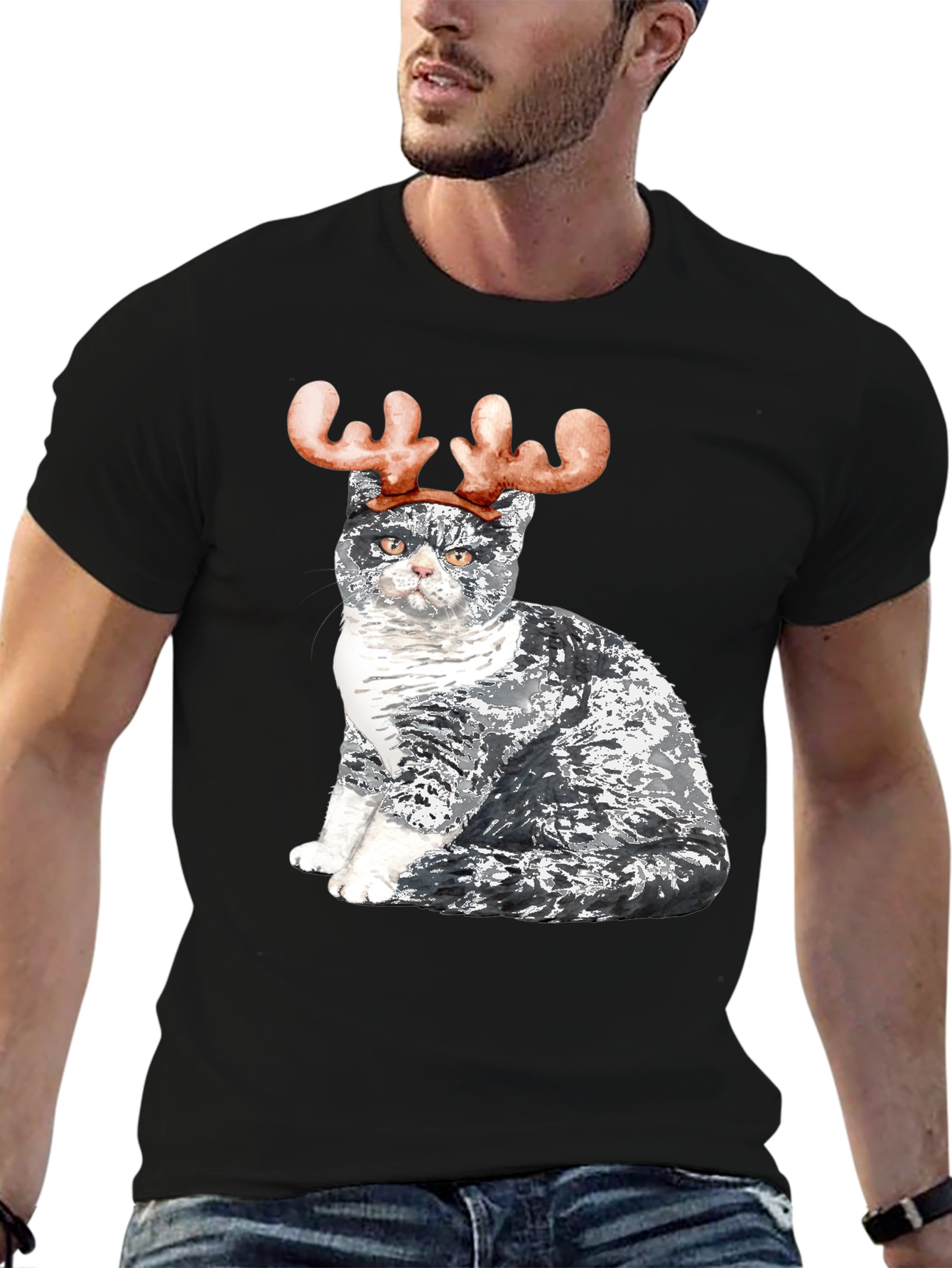 Black Cat with Reindeer Antlers T-Shirt view 6