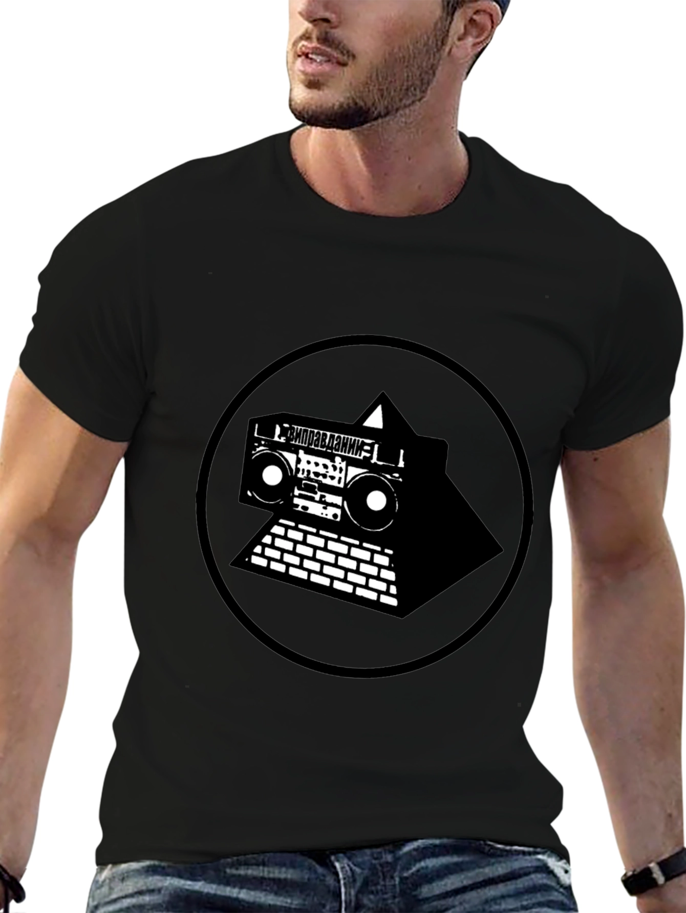 Black Black Graphic Tee with Boombox Pyramid Design view 6