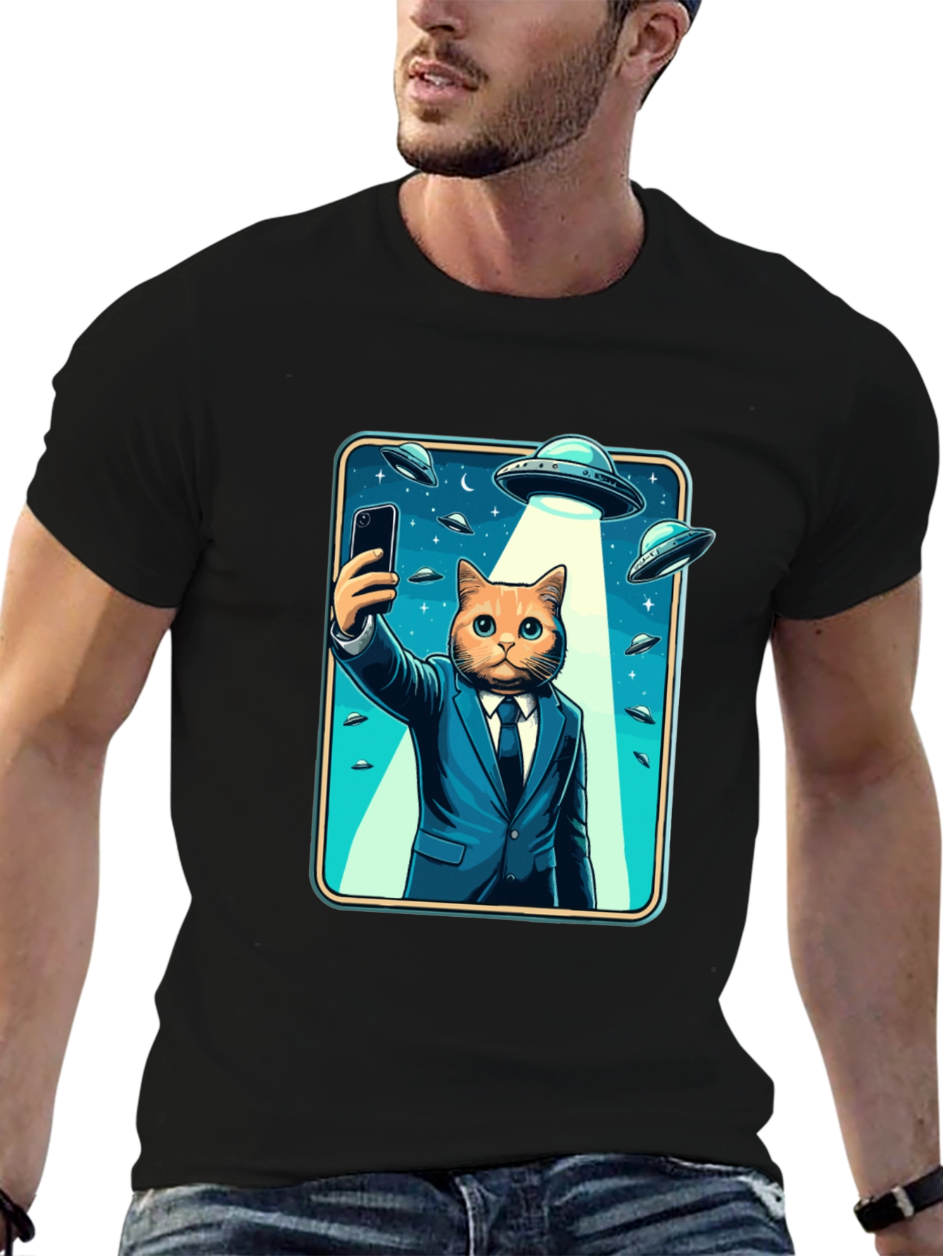 Black Cat in Suit UFO Selfie Graphic T-Shirt view 6
