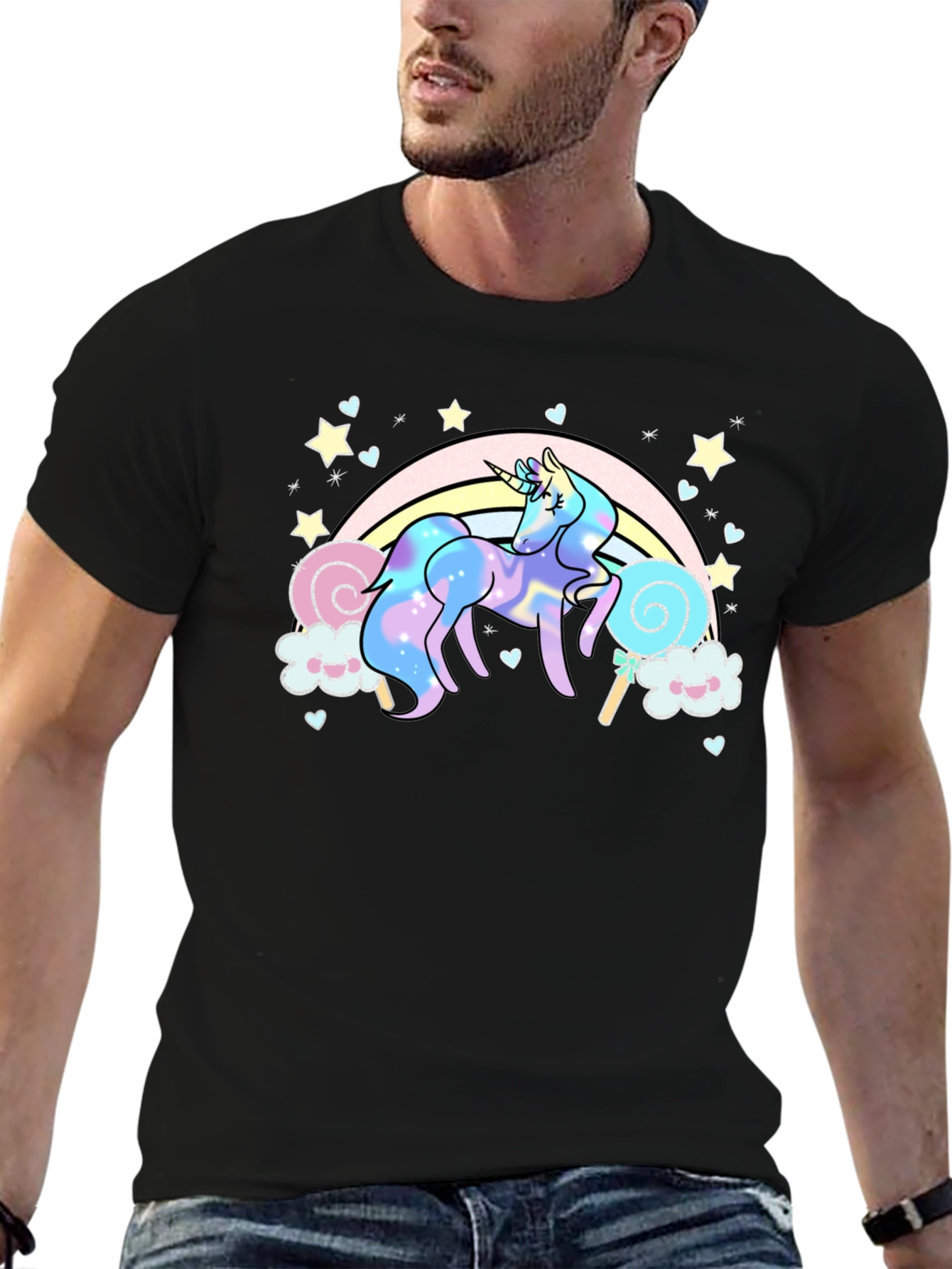 Black Unicorn Rainbow T-Shirt, Black Cotton Tee view 6