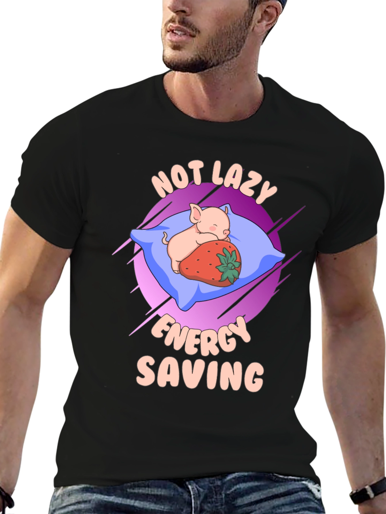 Black Cute Pig Sleeping T-Shirt - Not Lazy, Energy Saving view 6
