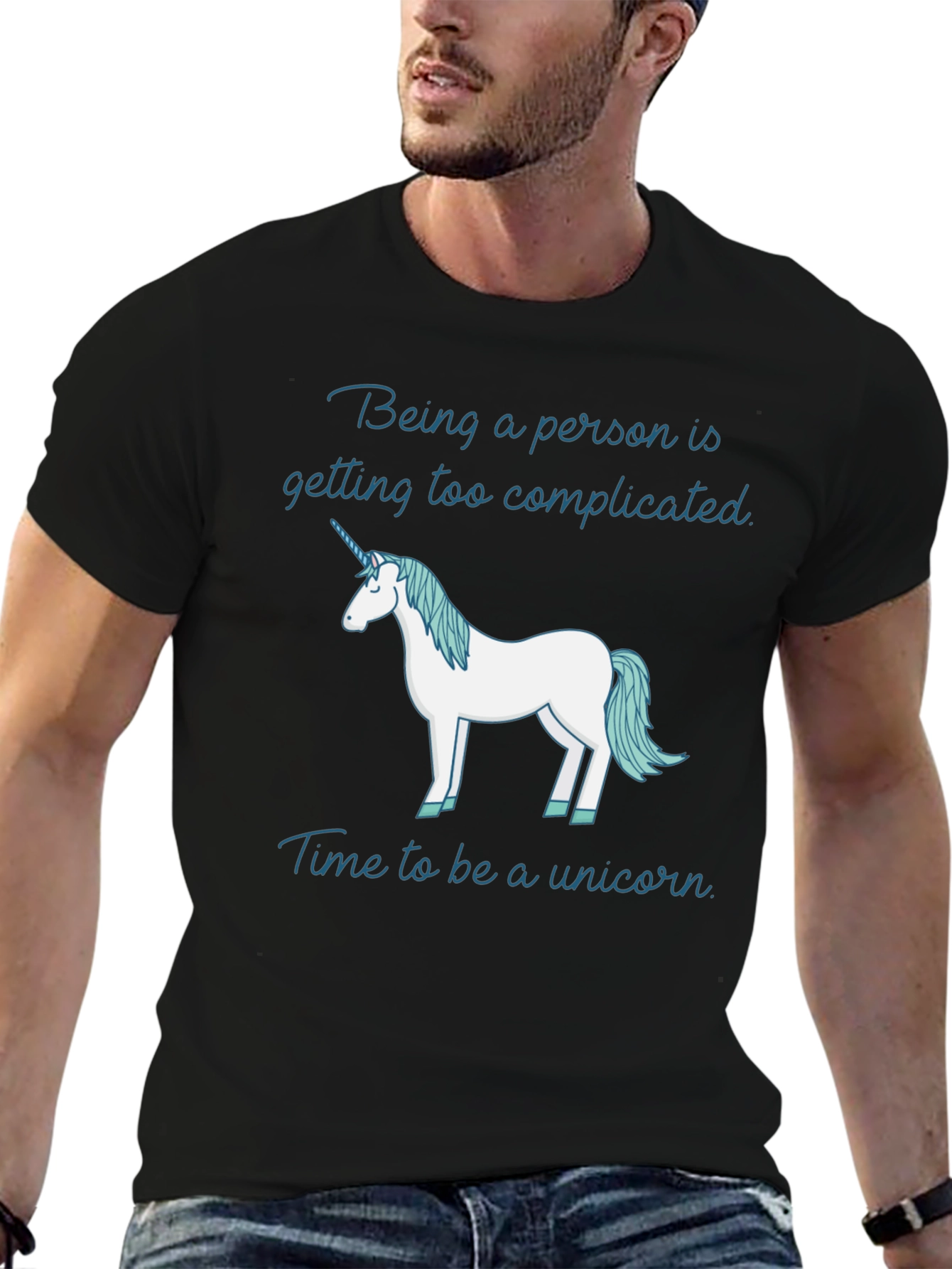 Black Funny Unicorn T-Shirt: Being a Person is Too Complicated view 6