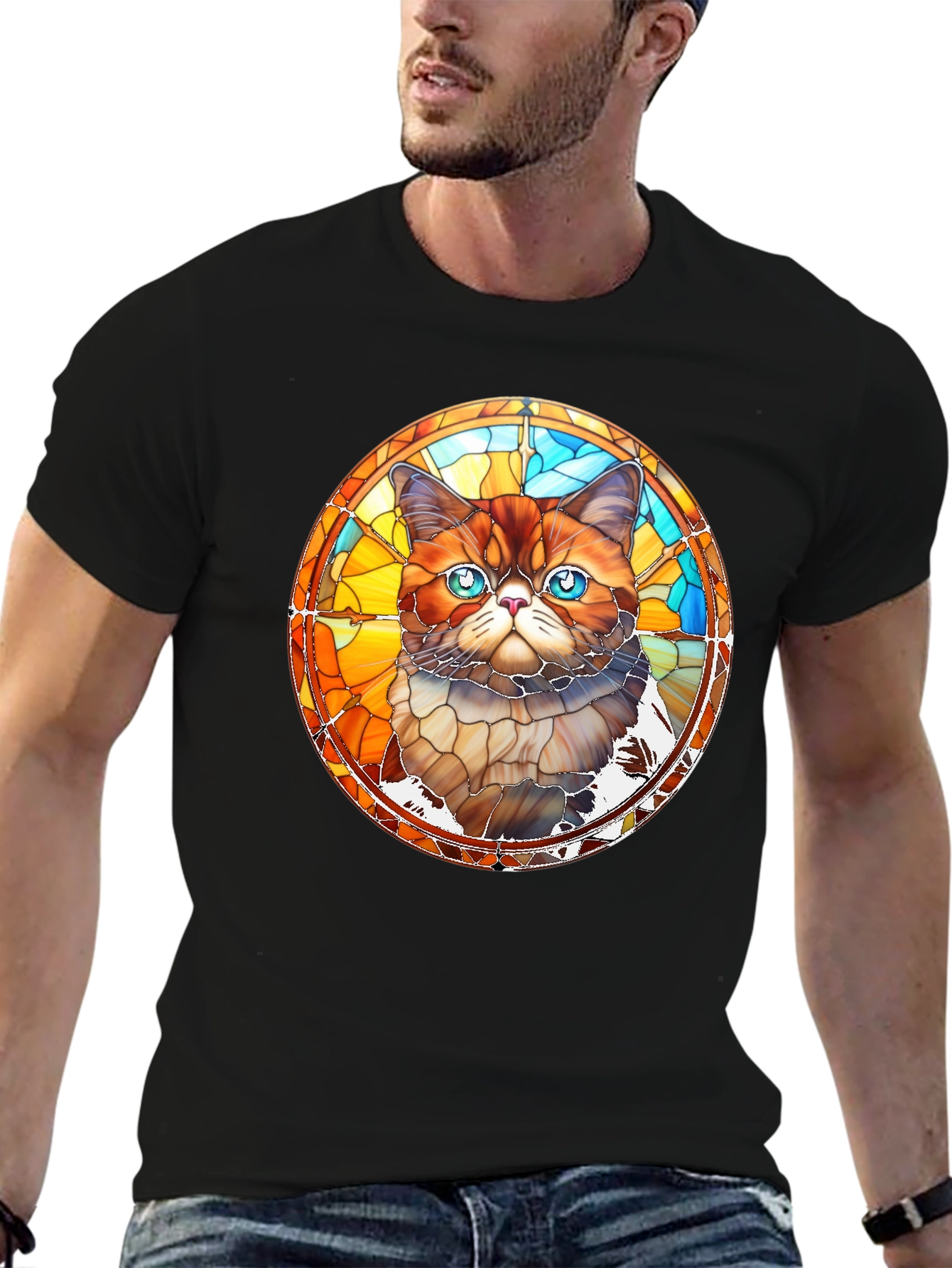 Black Stained Glass Cat Graphic Black T-Shirt view 6