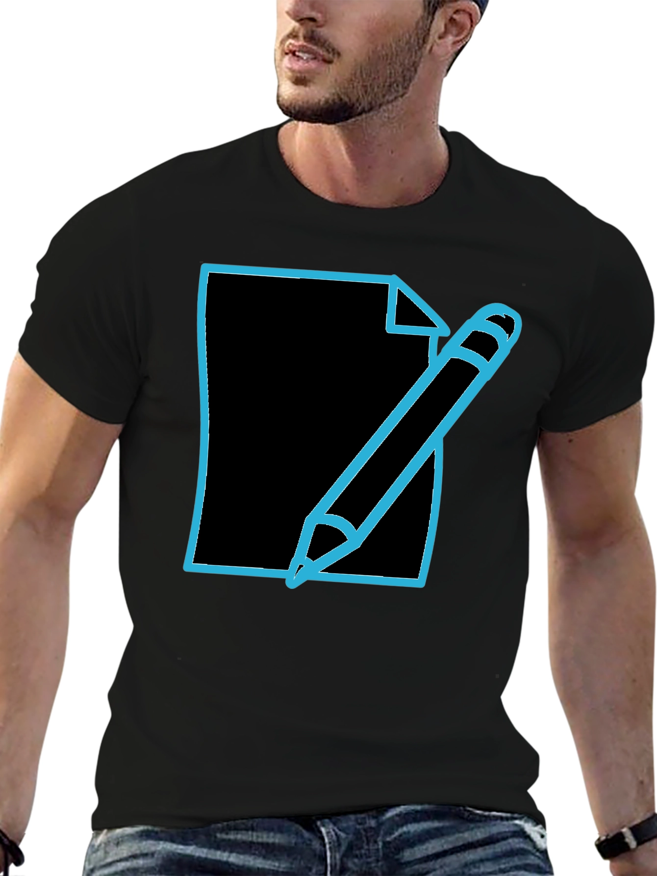 Black Write On! Men's Black T-Shirt with Pen & Paper Graphic view 6