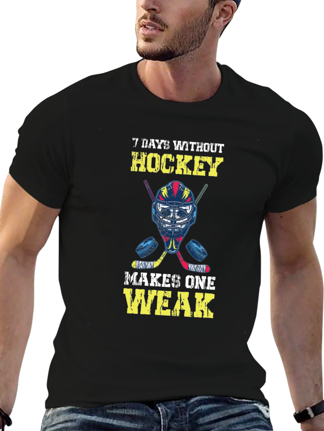 Black Hockey Lover T-Shirt: 7 Days Without Hockey Makes One Weak view 6