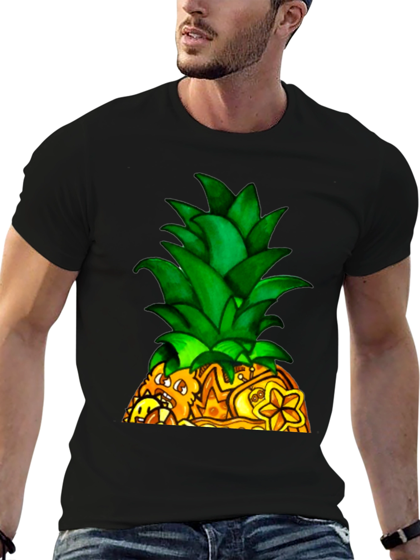 Black Novelty Pineapple Graphic Black T-Shirt view 6