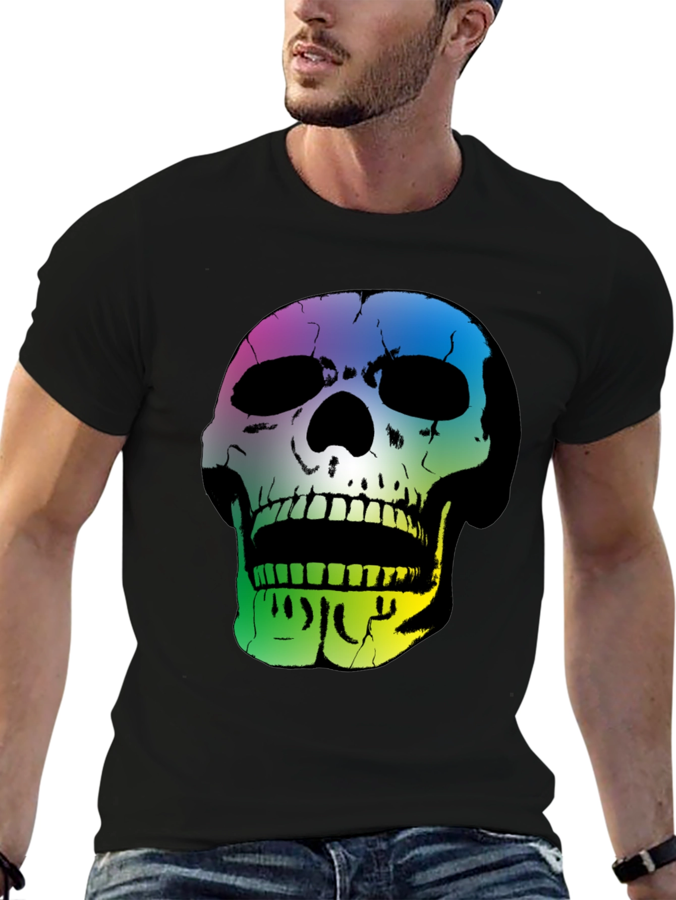 Black Rainbow Skull Graphic Black T-Shirt view 6