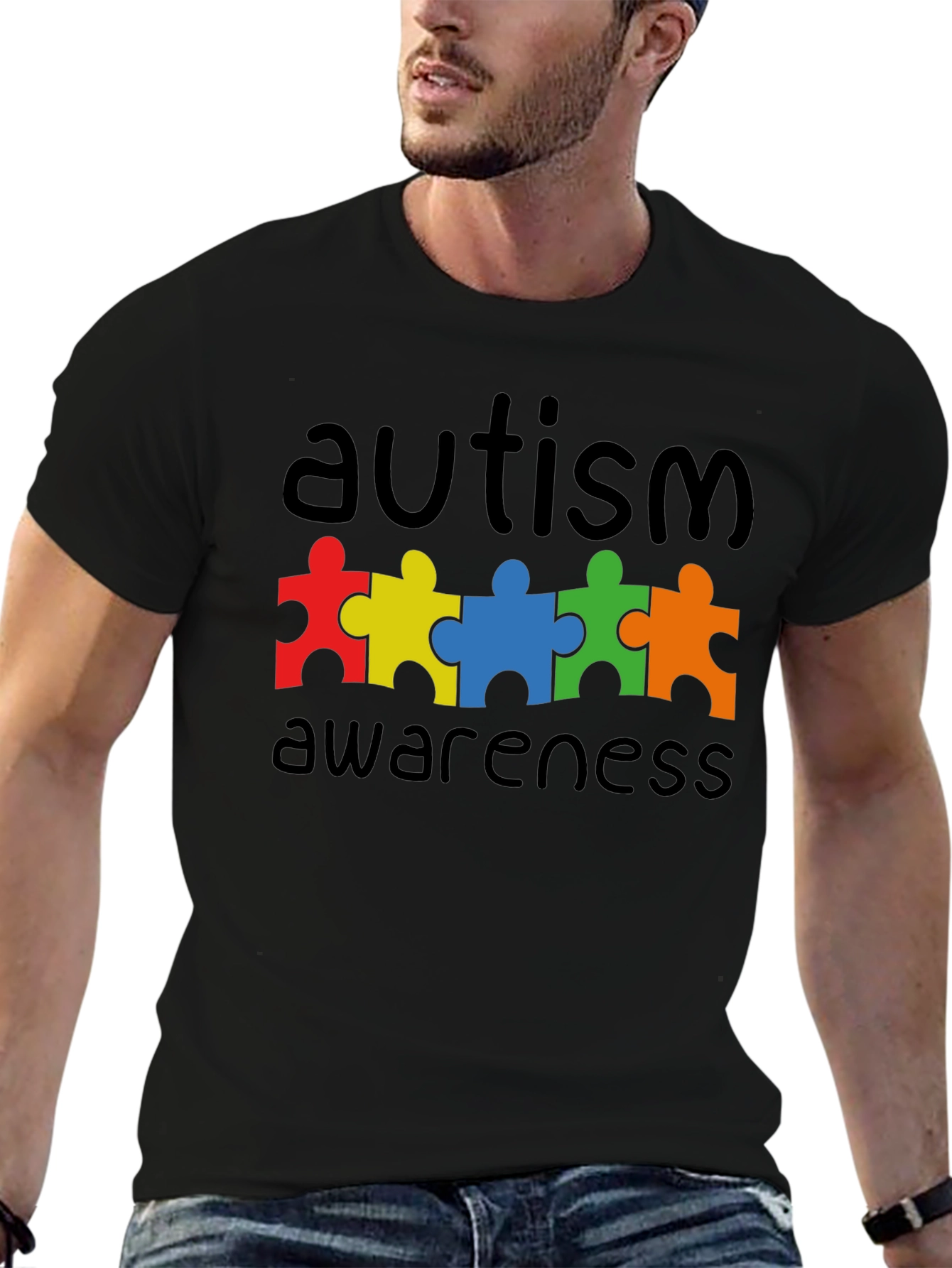 Black Autism Awareness Puzzle Piece Graphic T-Shirt view 6