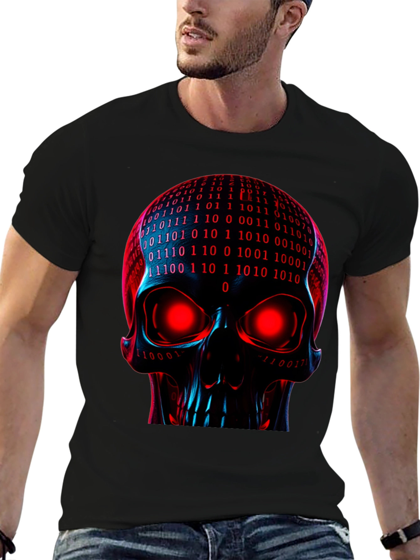 Black Cyber Skull Graphic Tee - Binary Code Skull view 6