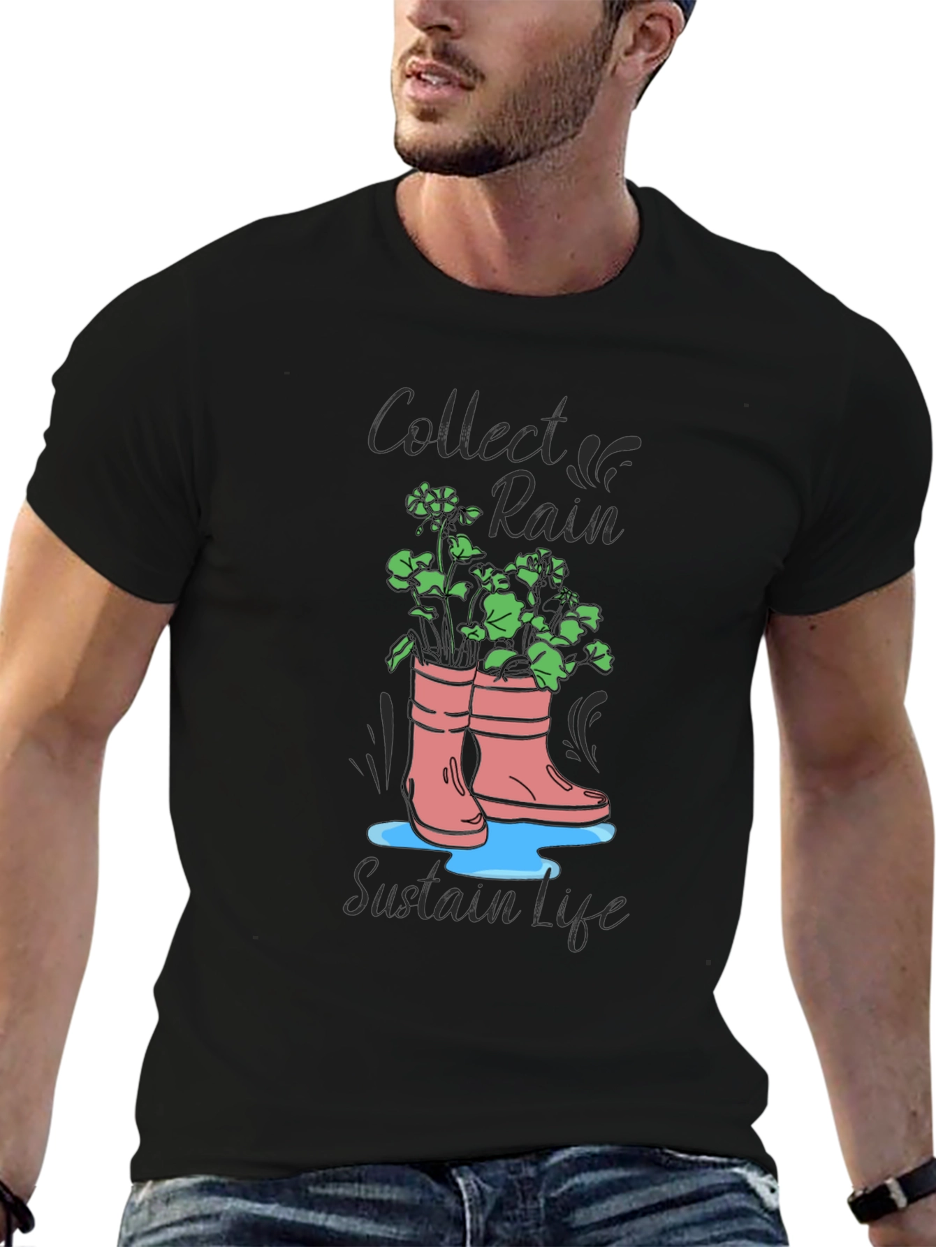 Black Rain Boots Graphic T-Shirt - Collect Rain, Sustain Life view 6
