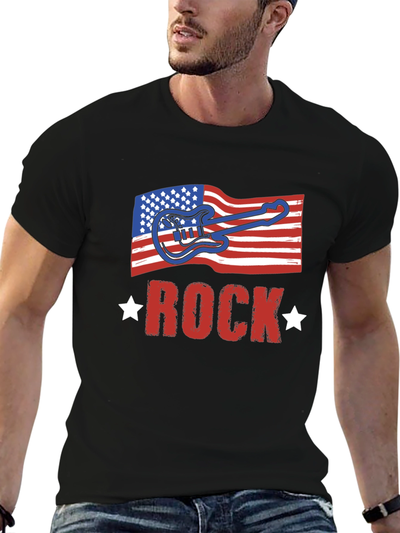 Black American Flag Rock Guitar Black T-Shirt view 6
