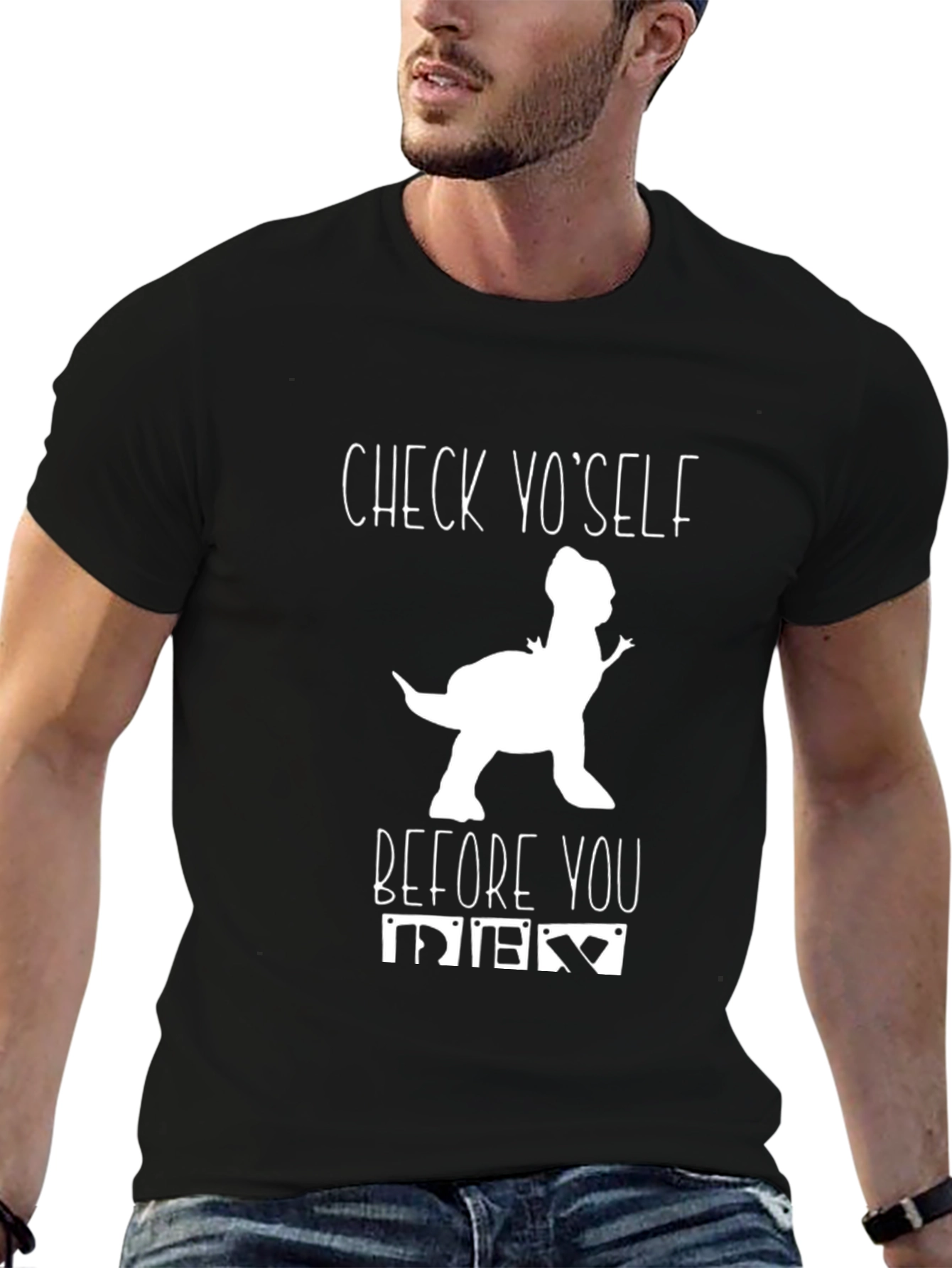 Check Yo' Self Dinosaur Graphic Black T-Shirt - 6