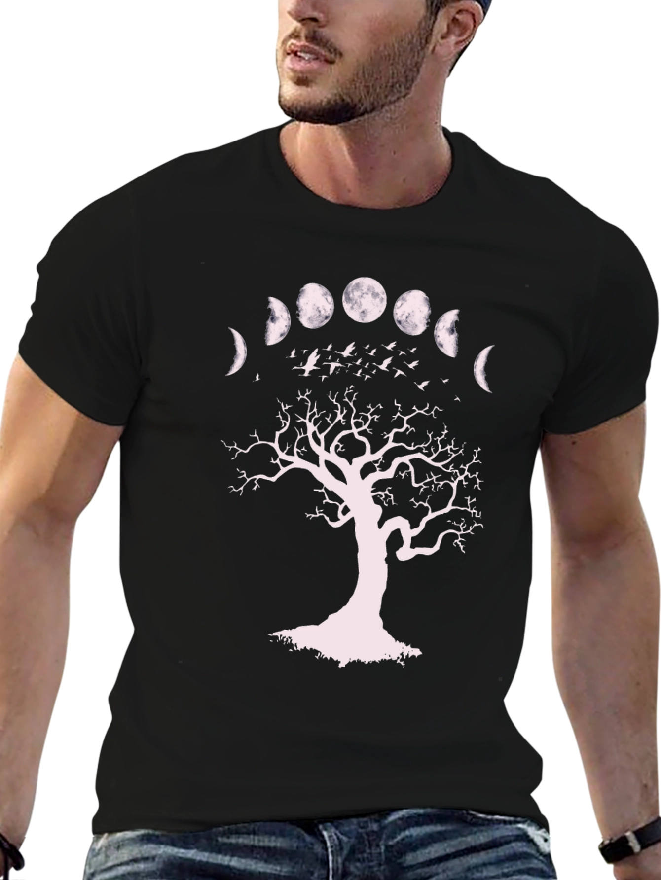 Black Moon Phases Tree Graphic Tee - Unisex Black T-Shirt view 6