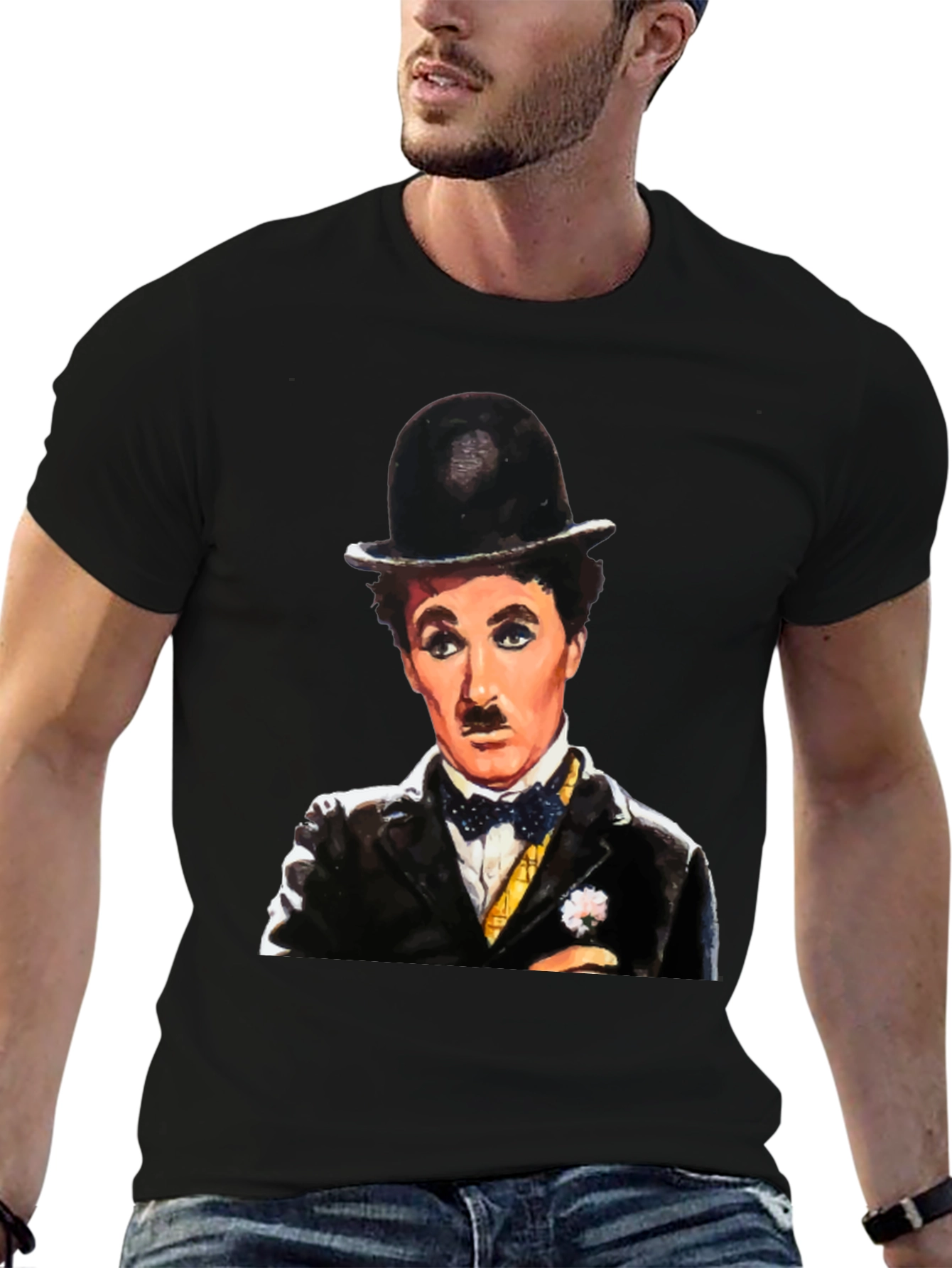 Black Charlie Chaplin Graphic Tee - Classic Film Icon T-Shirt view 6