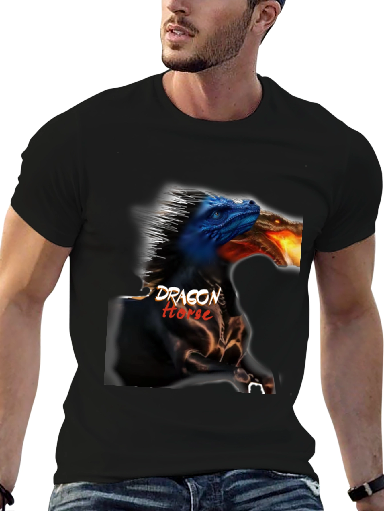 Black Dragon Horse Graphic Tee - Black Cotton T-Shirt view 6