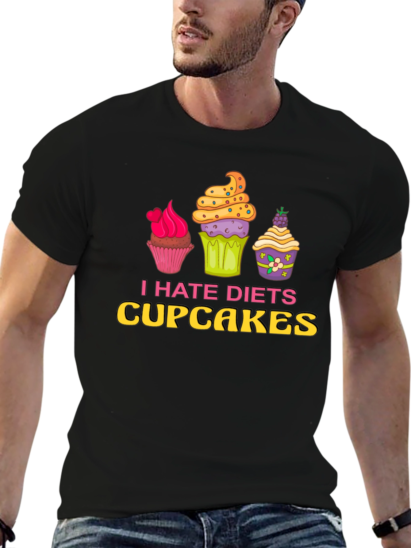 Black I Hate Diets Cupcakes Funny Graphic T-Shirt view 6