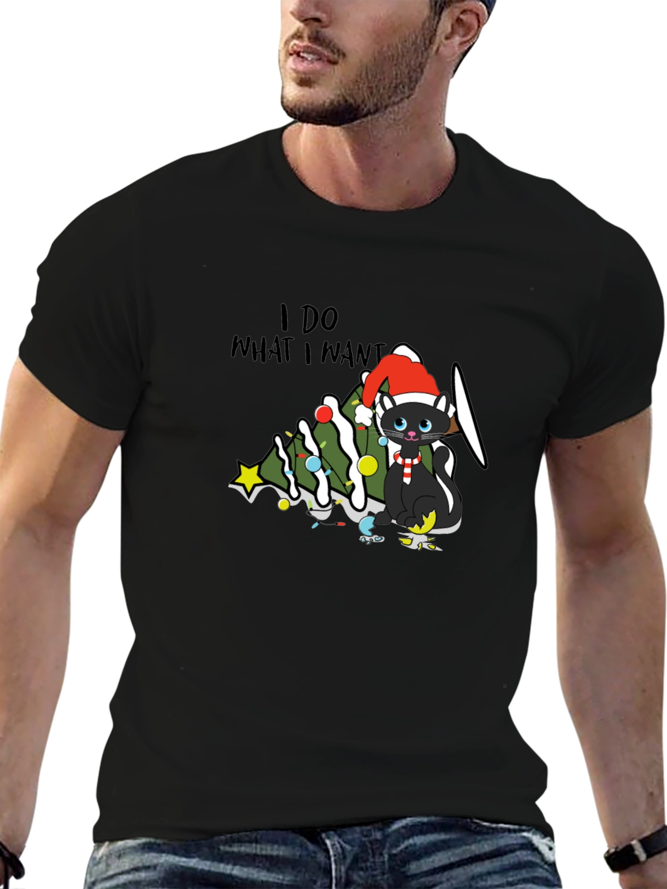 Black I Do What I Want Christmas Cat T-Shirt view 6