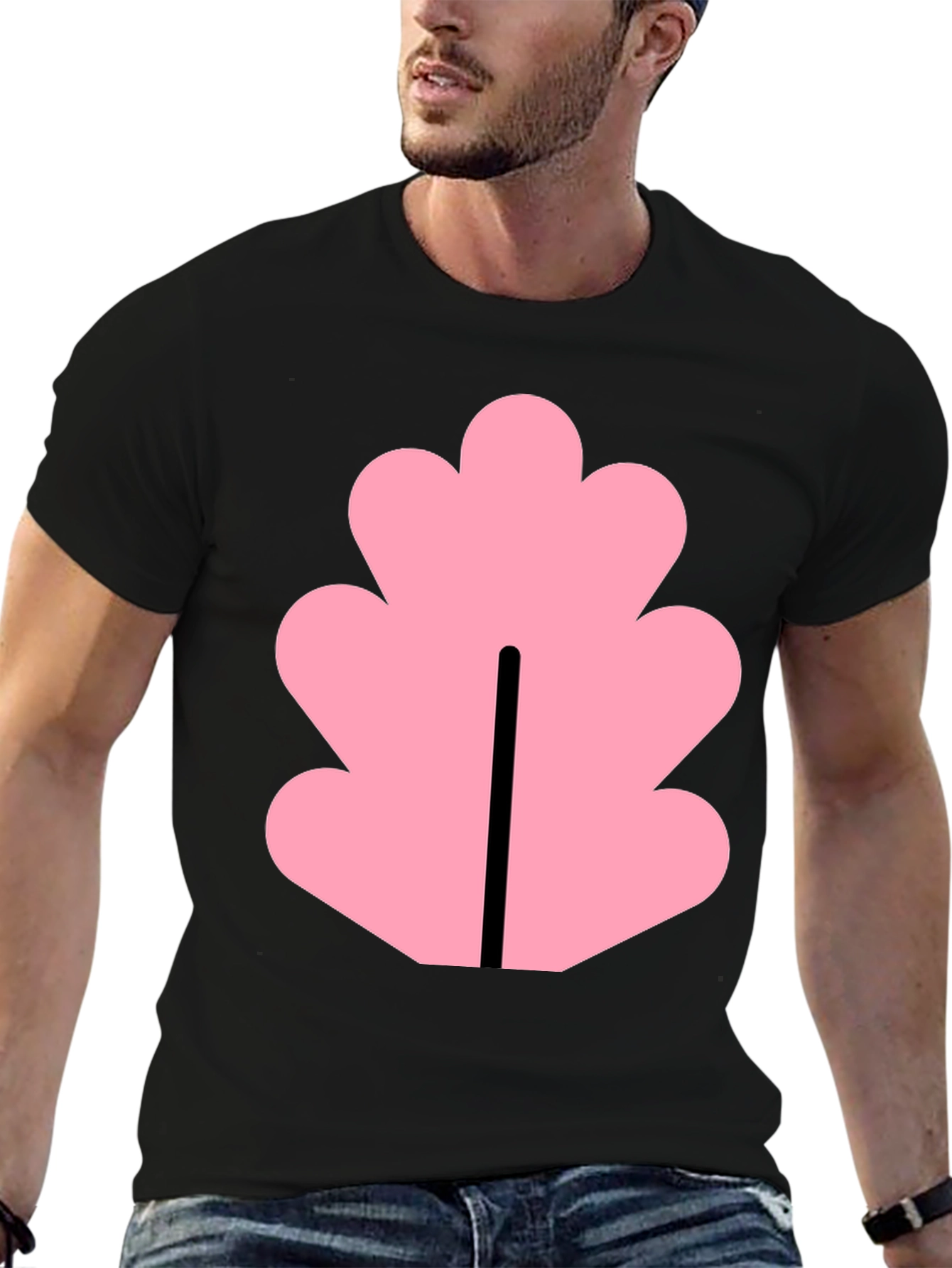 Black Black T-Shirt with Pink Leaf Design view 6