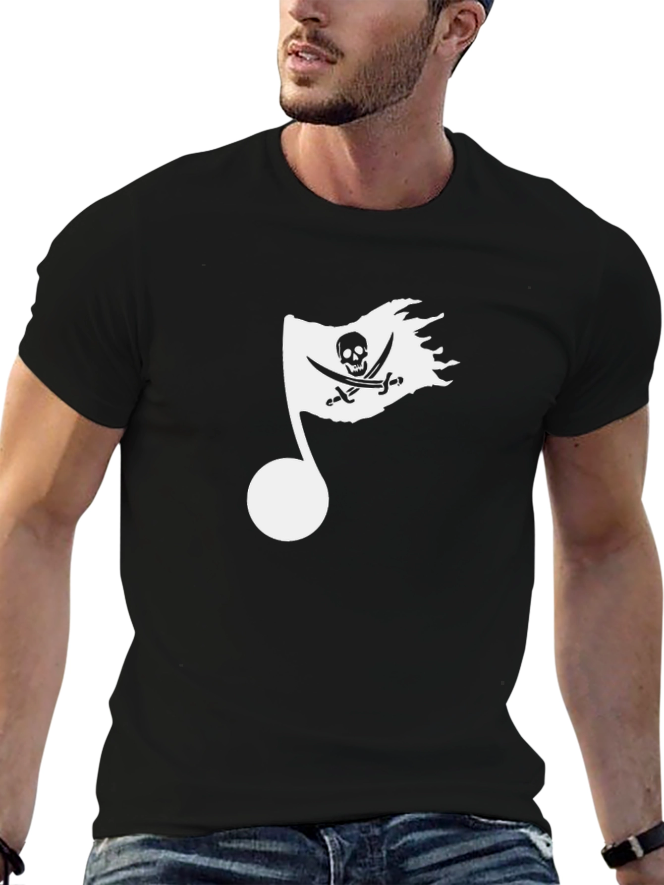 Black Pirate Flag Music Note Graphic Tee - Black view 6