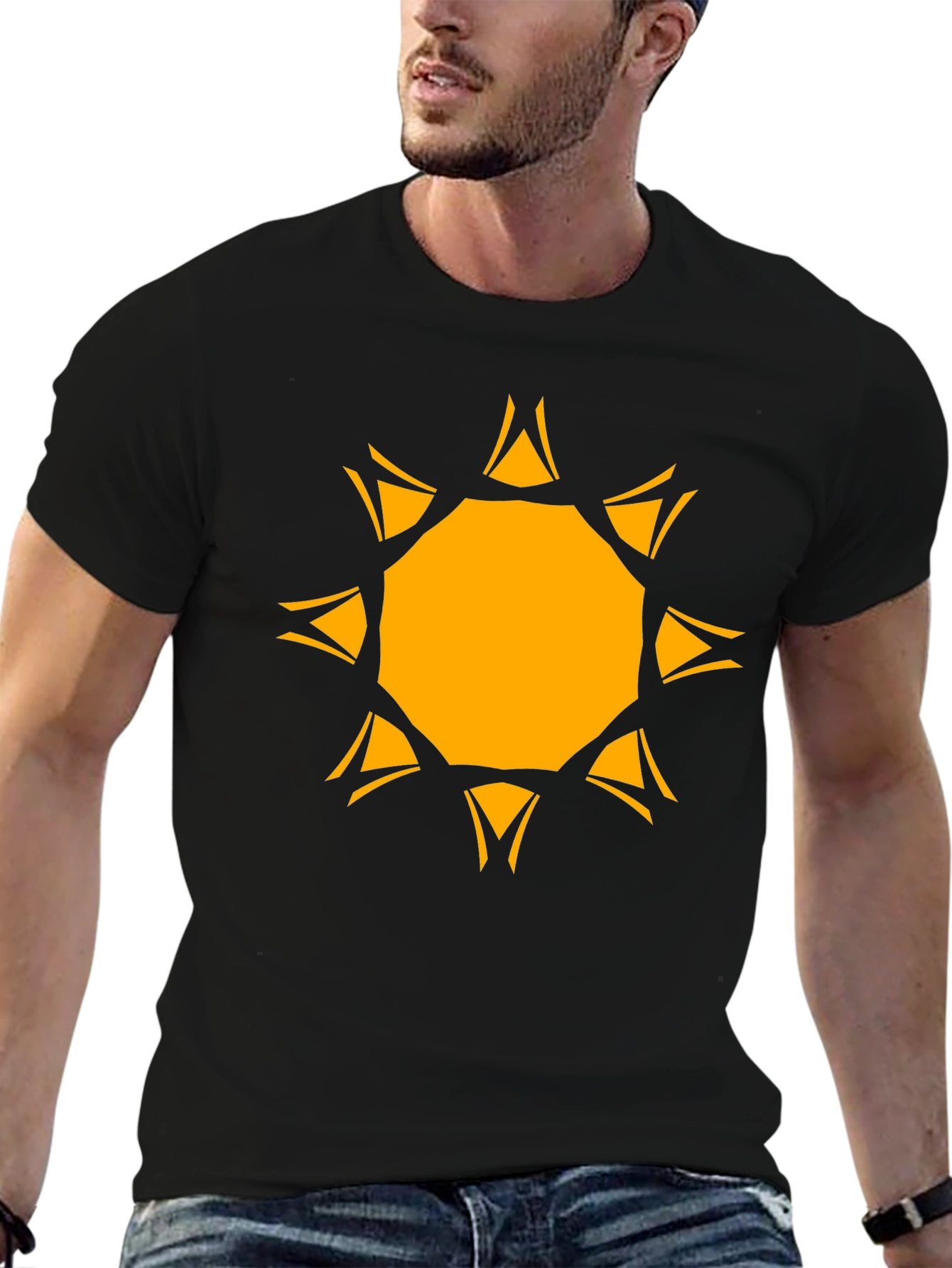 Black Geometric Sunburst Graphic Tee - Black Cotton Blend view 6