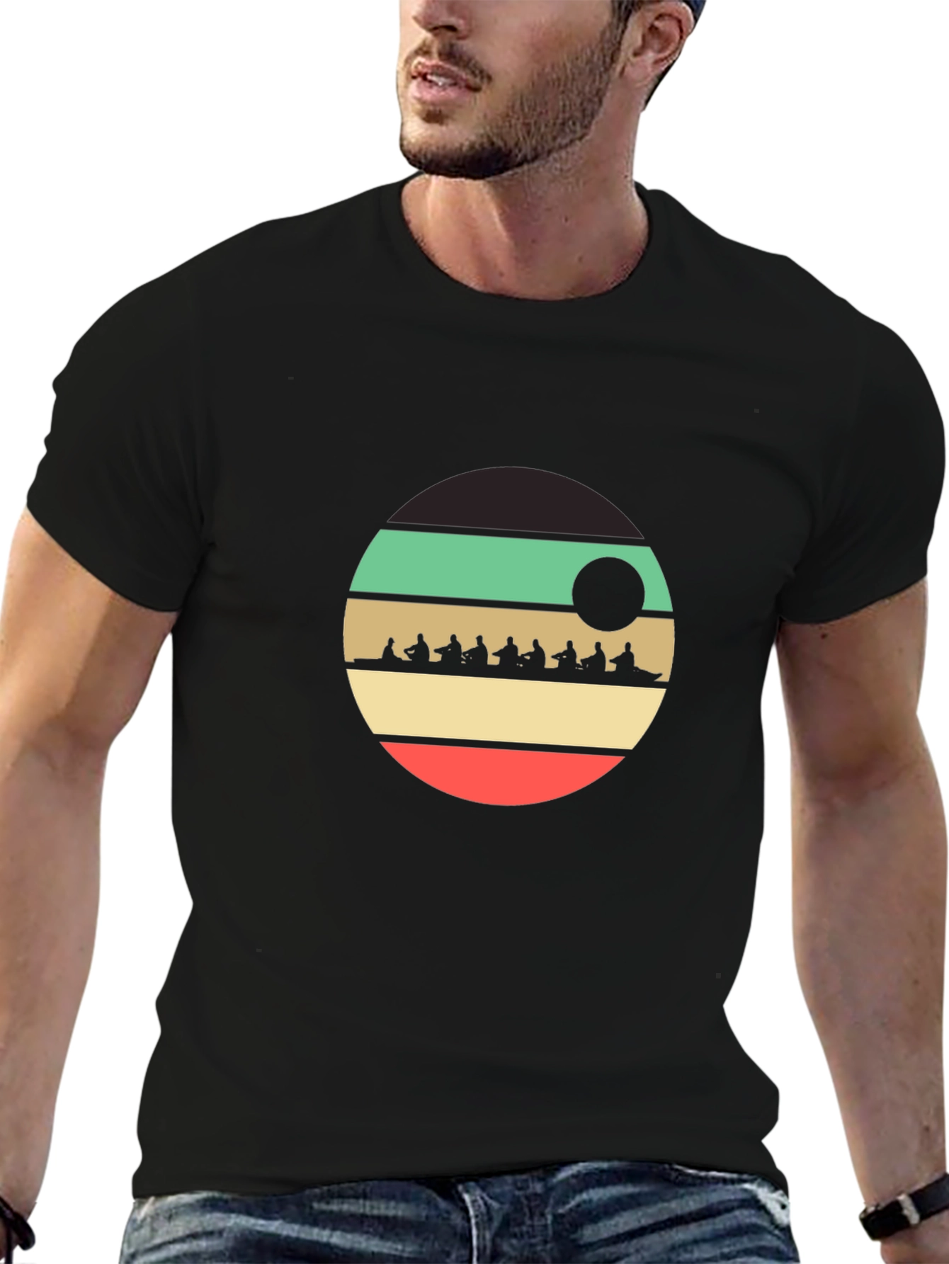 Black Rowing Team Retro Style T-Shirt view 6