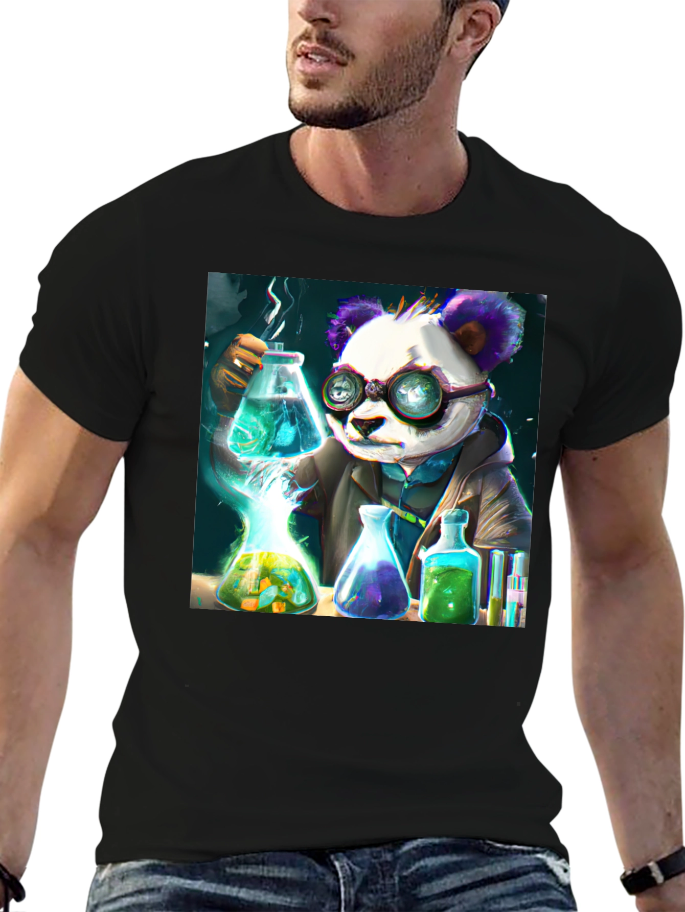 Black Scientist Panda Graphic Tee - Cool Black T-Shirt view 6