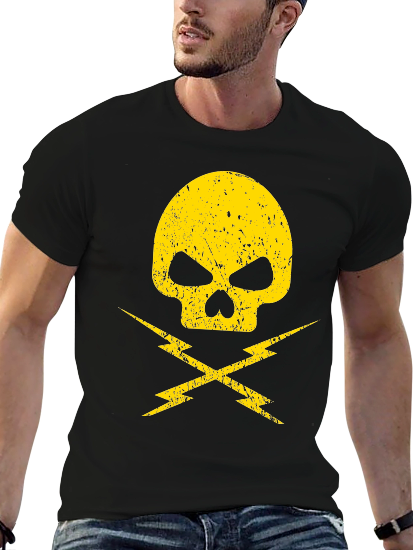 Black Skull & Lightning Bolt Black T-Shirt view 6