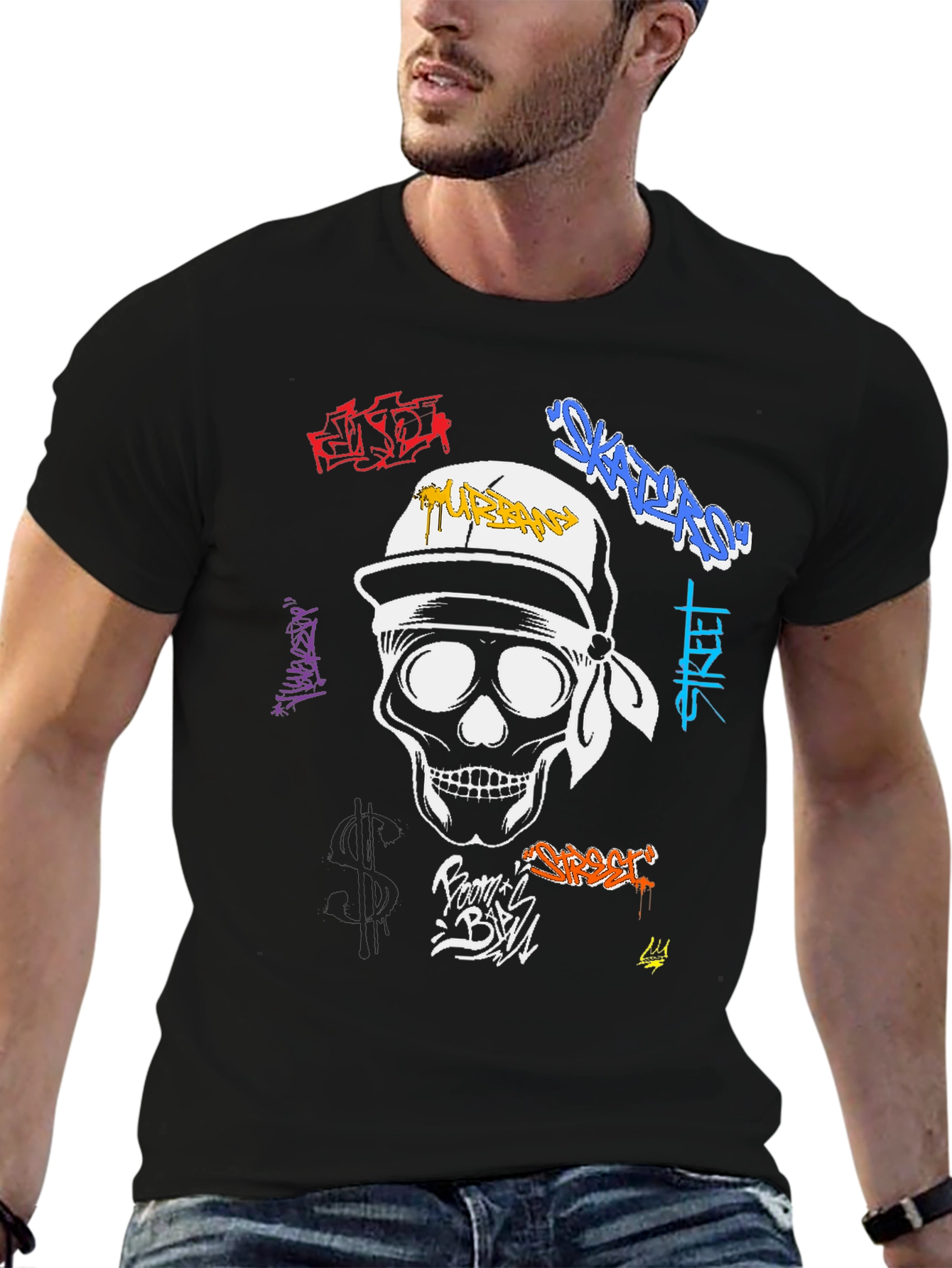 Black Urban Skull Graffiti T-Shirt - Streetwear Fashion view 6