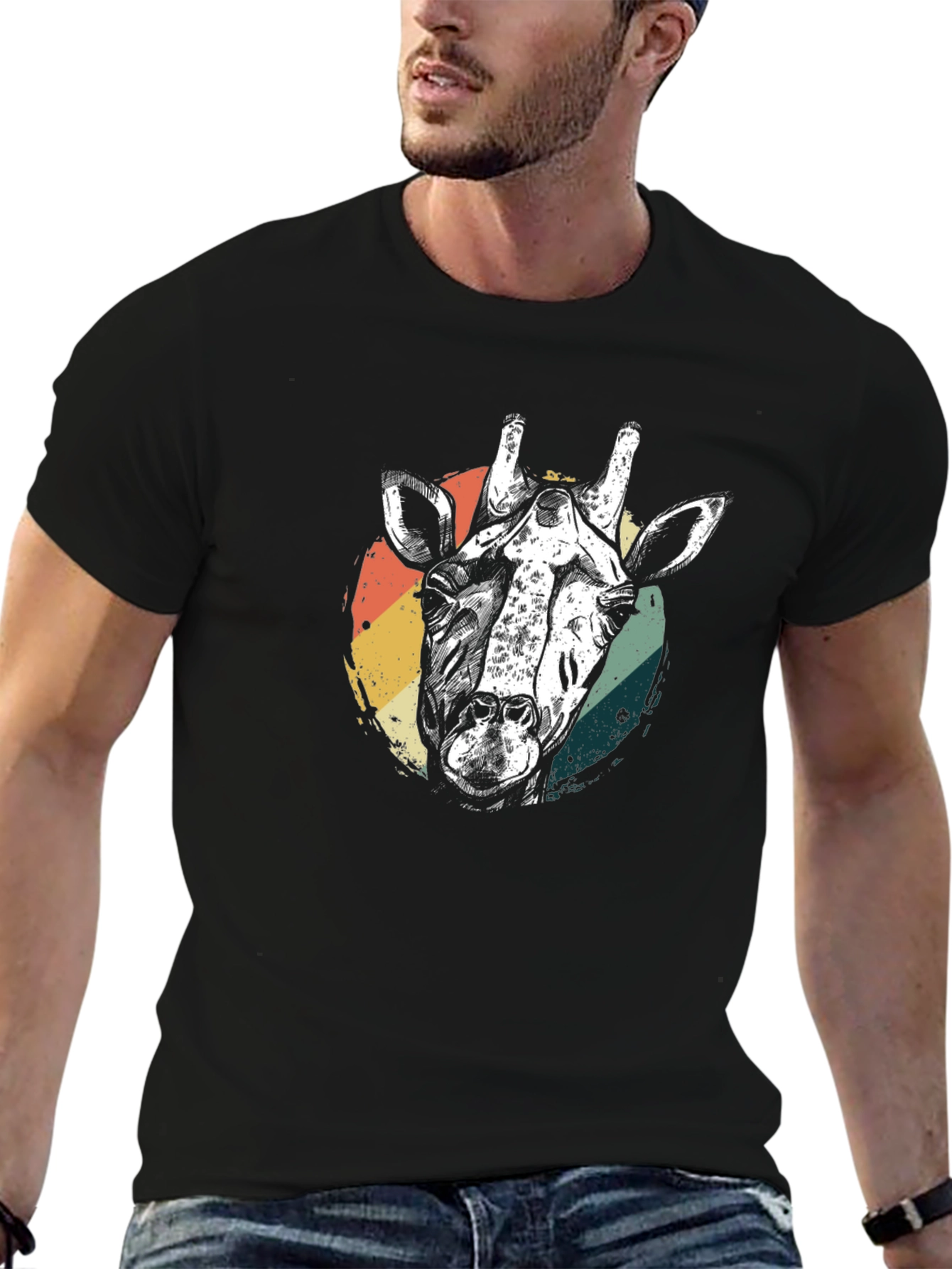 Black Retro Giraffe Graphic Tee - Black Cotton T-Shirt view 6