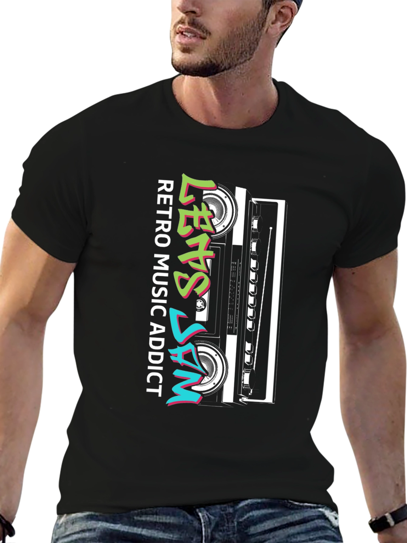 Black Retro Music Addict Cassette T-Shirt view 6