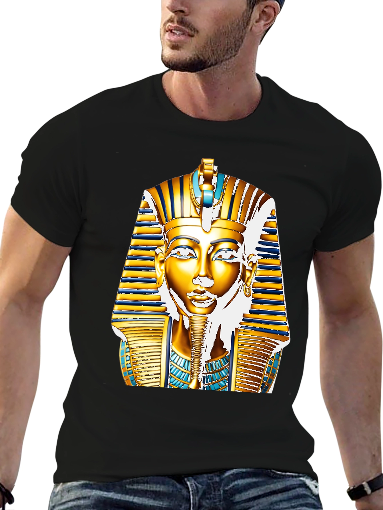 Black Egyptian Pharaoh T-Shirt - Gold King Tut Design view 6