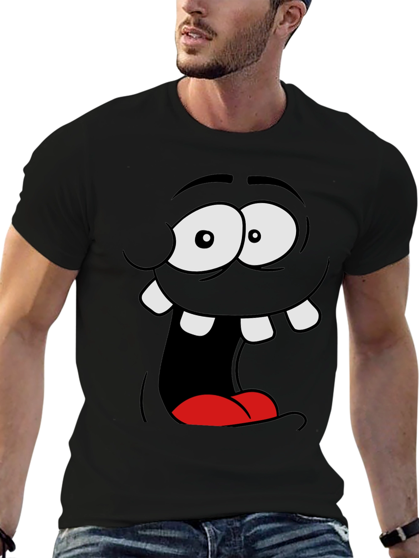 Black Funny Cartoon Face Black Graphic Tee view 6