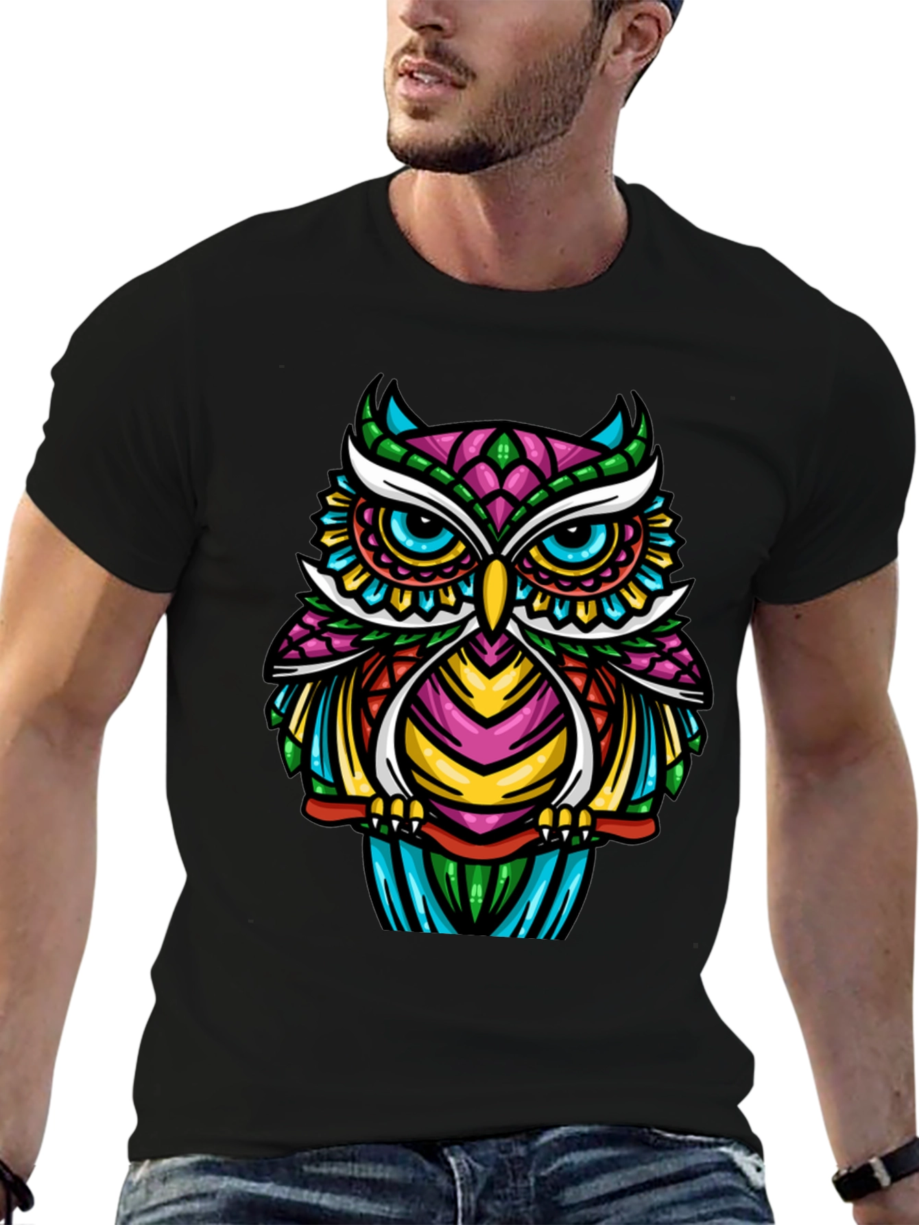 Black Colorful Owl Graphic T-Shirt - Unique Design view 6
