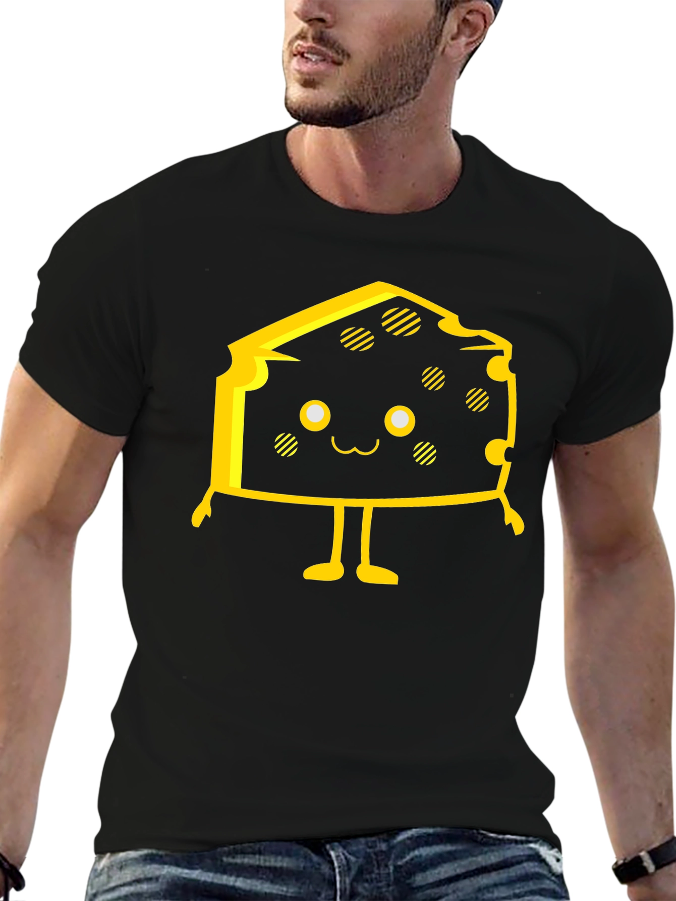 Black Cute Cartoon Cheese Graphic Black T-Shirt view 6