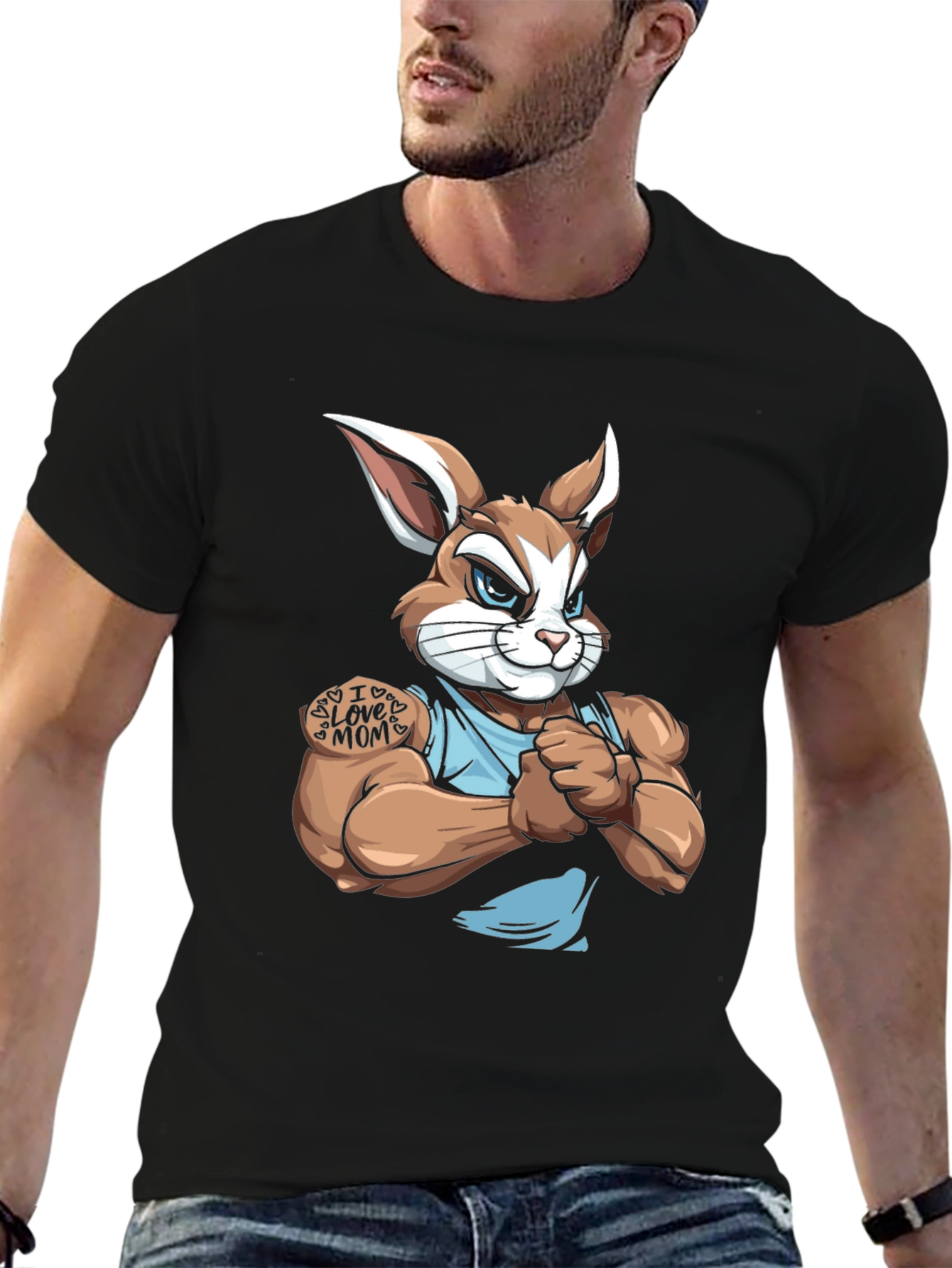 Black Muscular Bunny T-Shirt - I Love Mom view 6