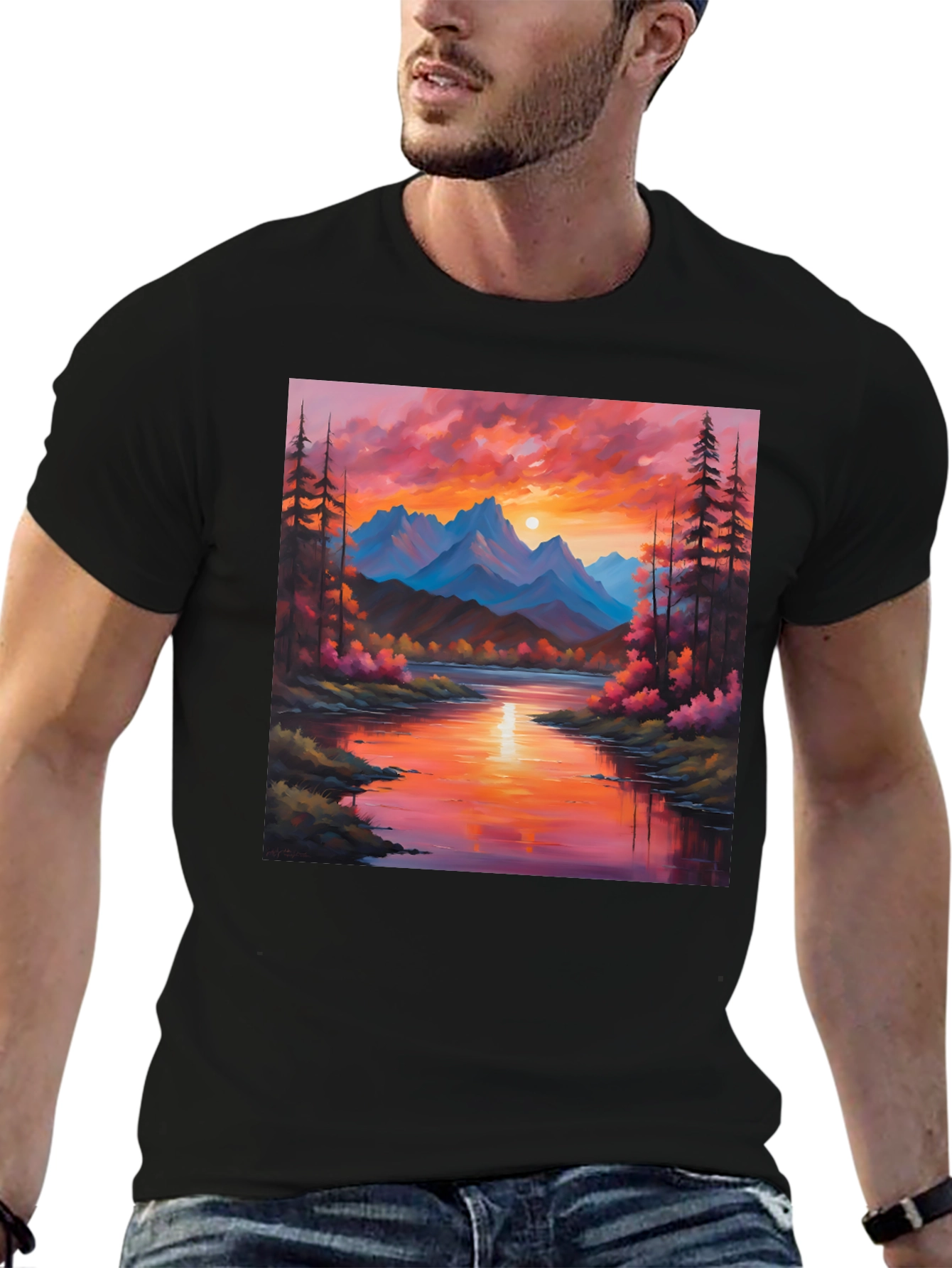 Black Sunset Mountain River Painting Graphic Tee view 6