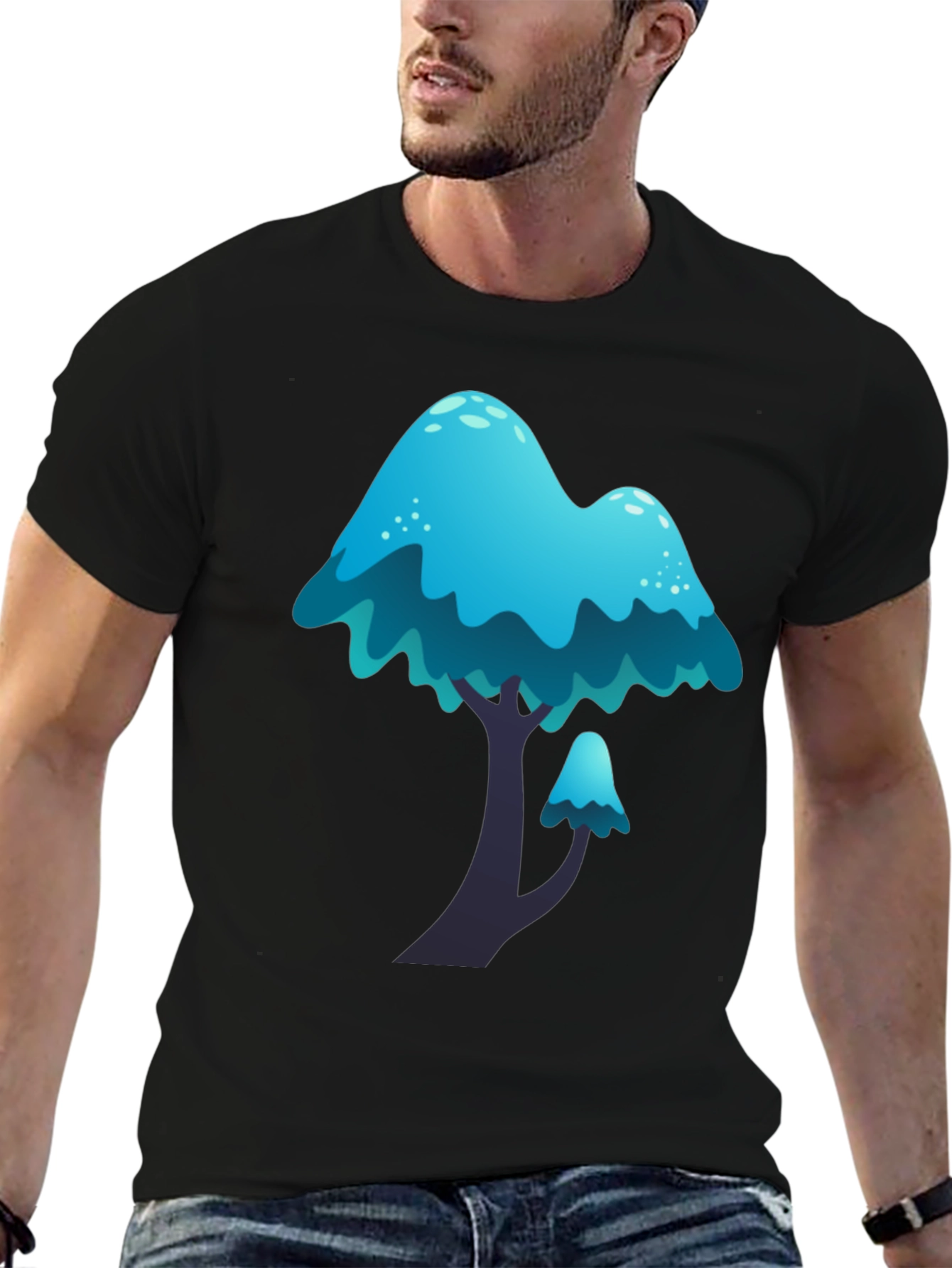Black Blue Mushroom Graphic Tee - Funky Casual Wear view 6