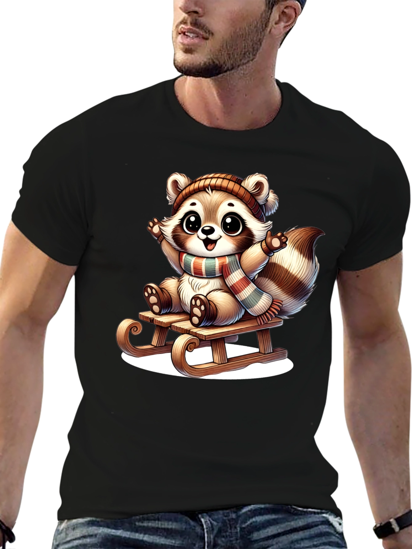 Black Cute Raccoon Sledding Graphic Tee view 6