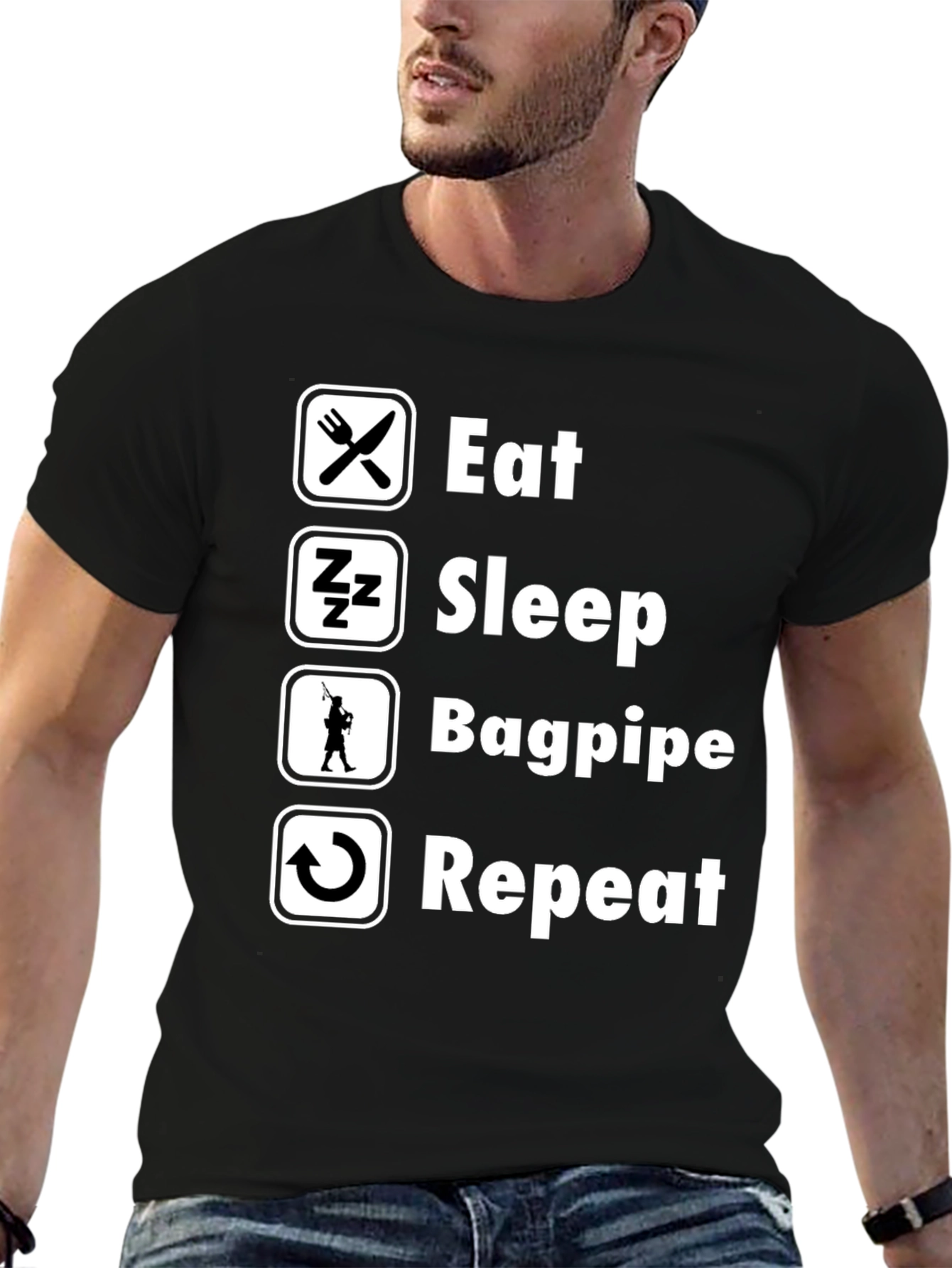 Black Eat Sleep Bagpipe Repeat T-Shirt - Black Cotton Tee view 6