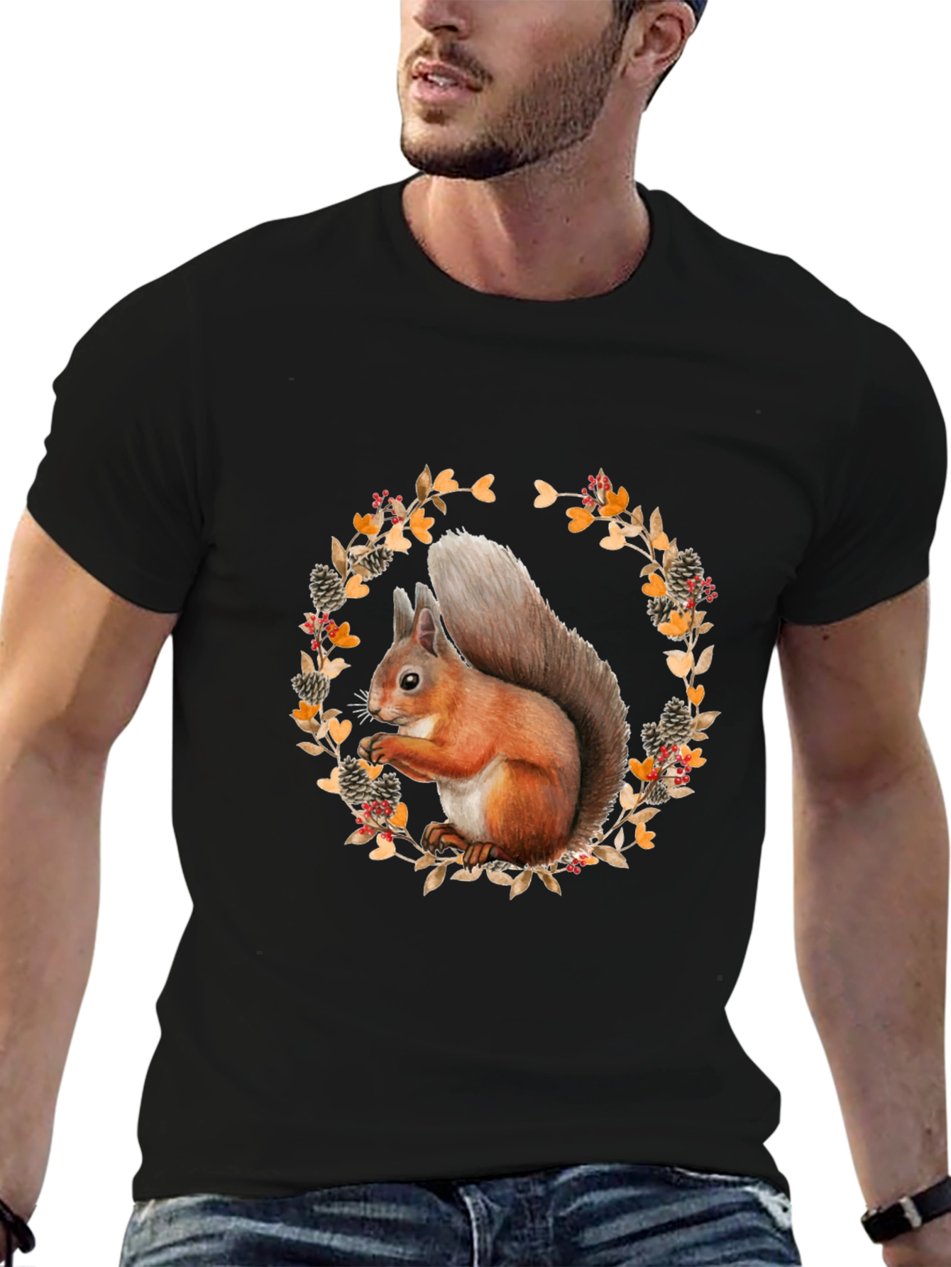 Black Squirrel Wreath Graphic T-Shirt - Unisex Style view 6
