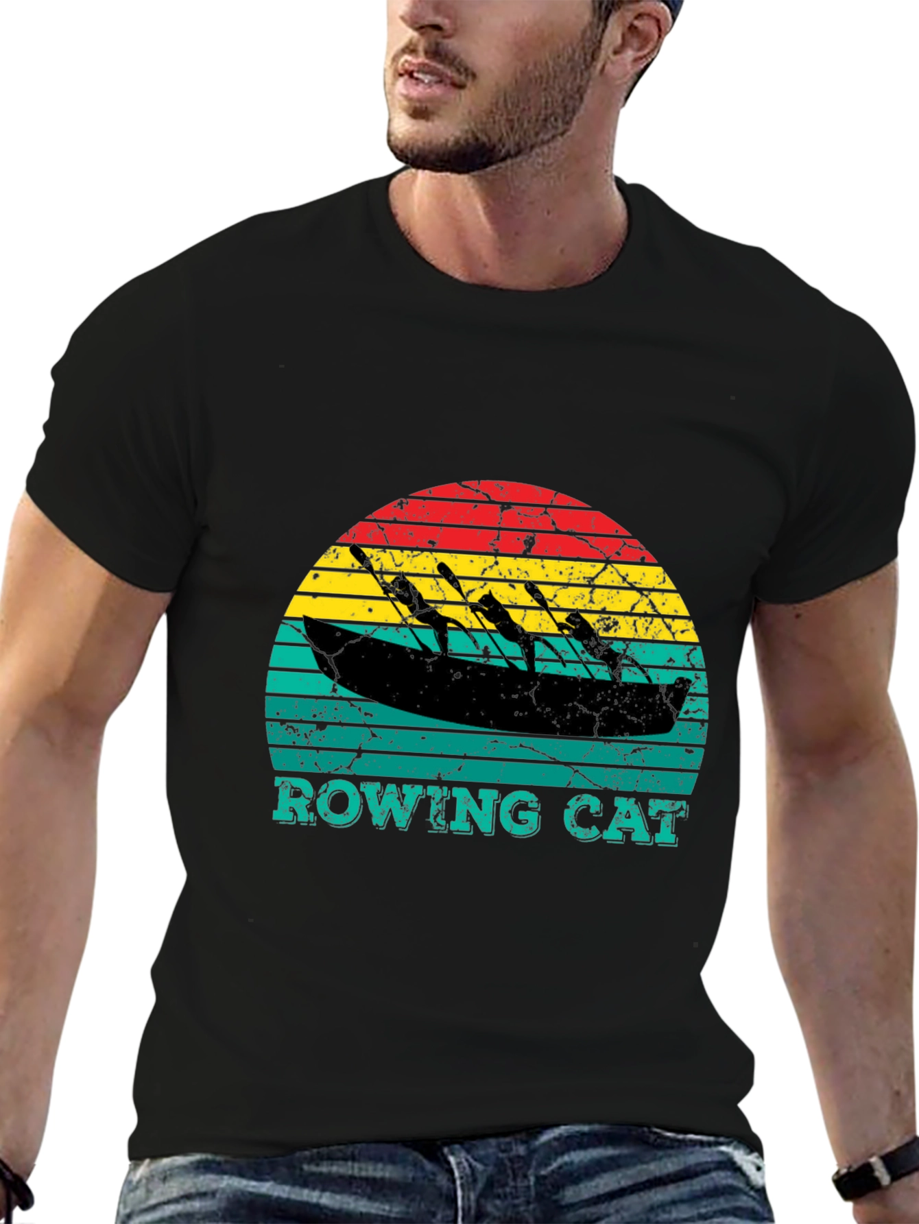 Black Rowing Cat T-Shirt - Vintage Style Tee view 6