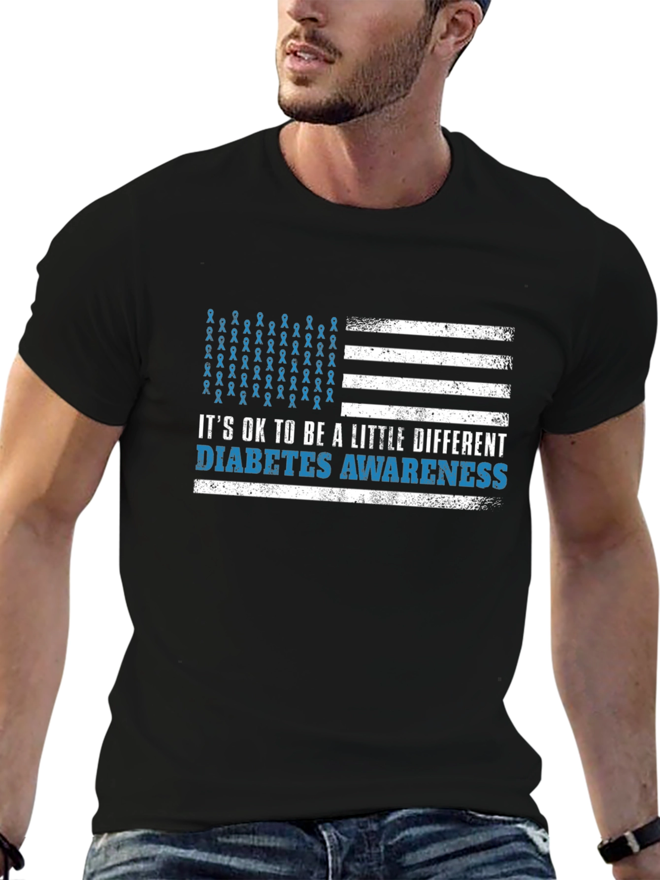 Black Diabetes Awareness American Flag Graphic T-Shirt view 6