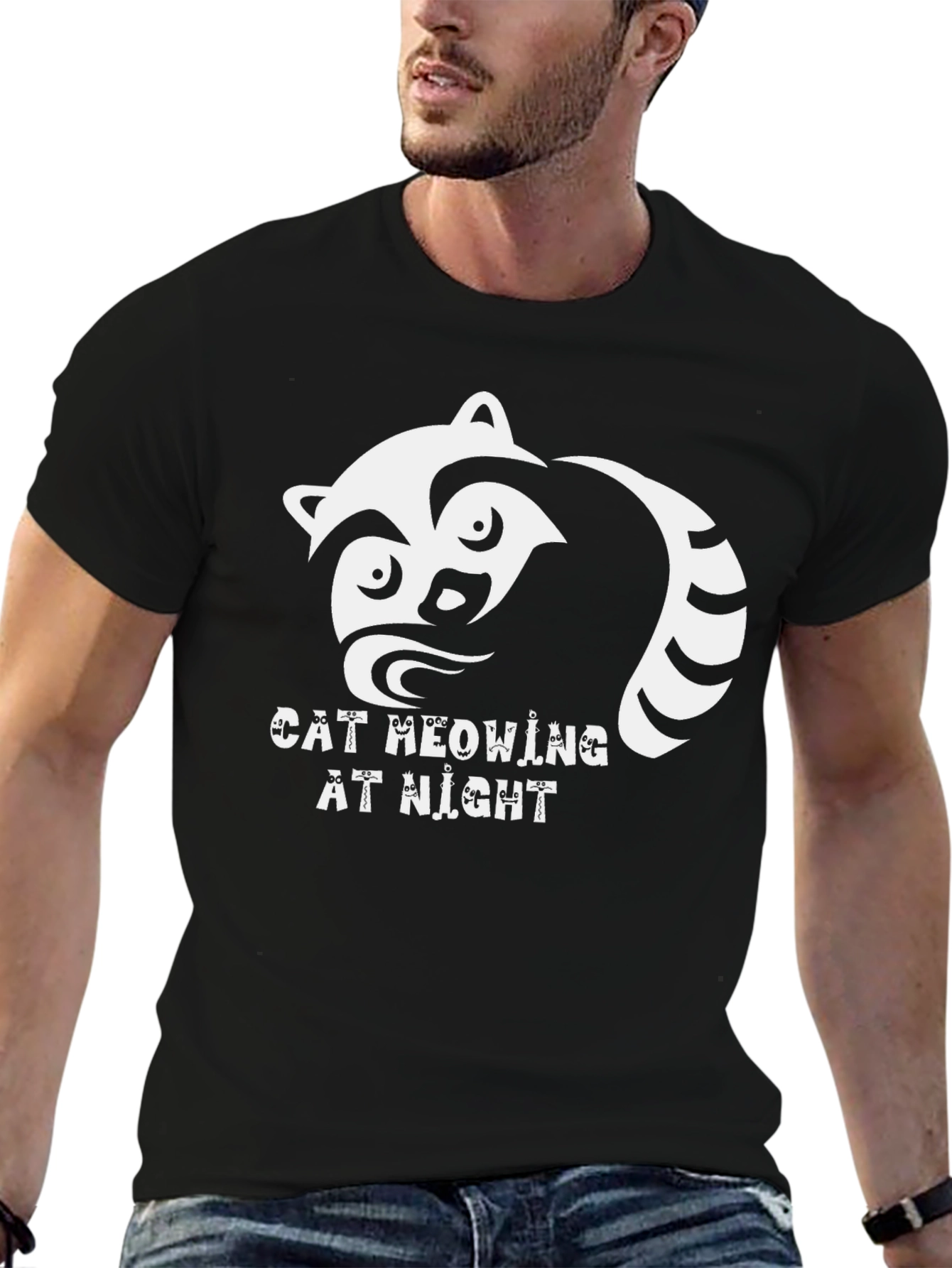 Black Cat Meowing at Night Graphic Tee view 6