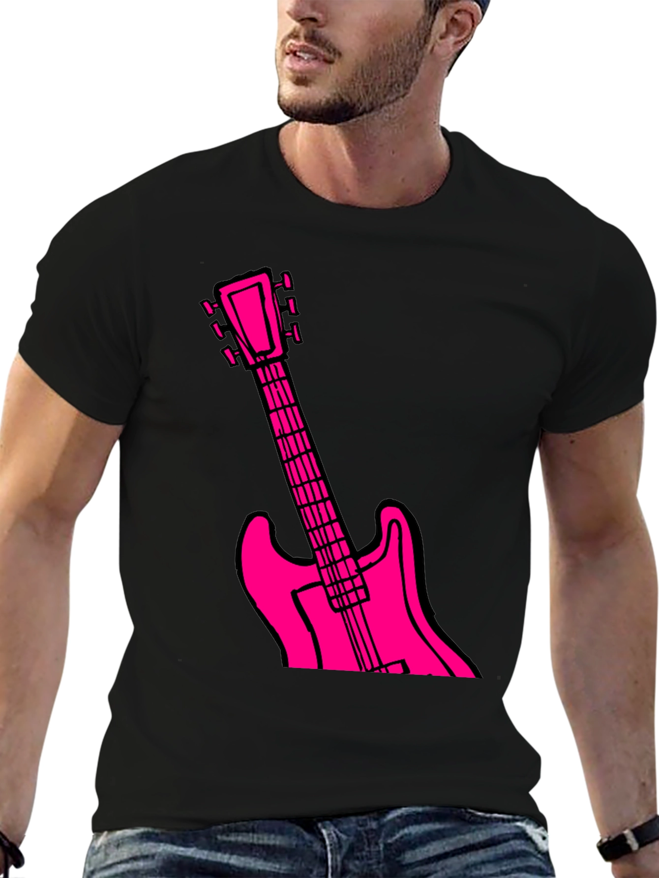 Black Black T-Shirt with Pink Guitar Graphic view 6